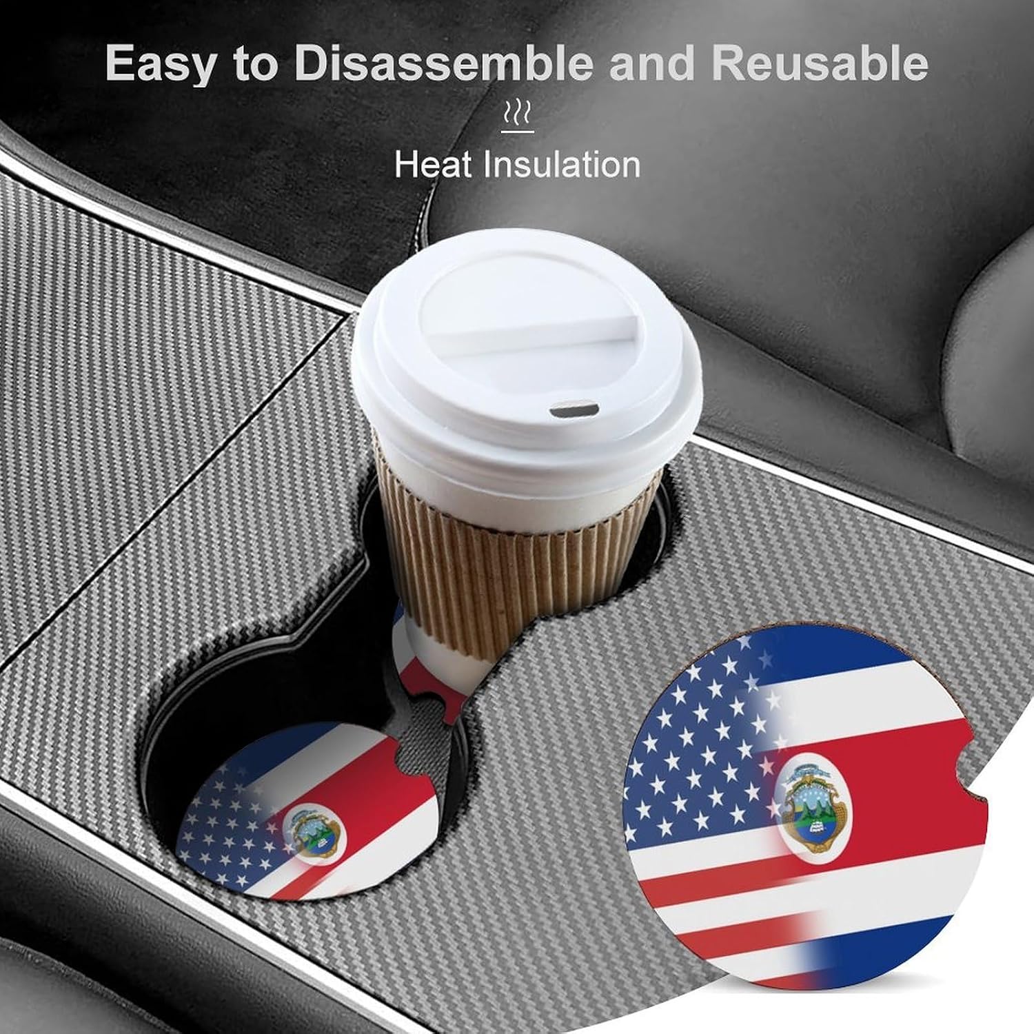 United States Costa Costarican Flag Car Cup Holder Coaster with Cork Base 2.6 Inches Anti Slip