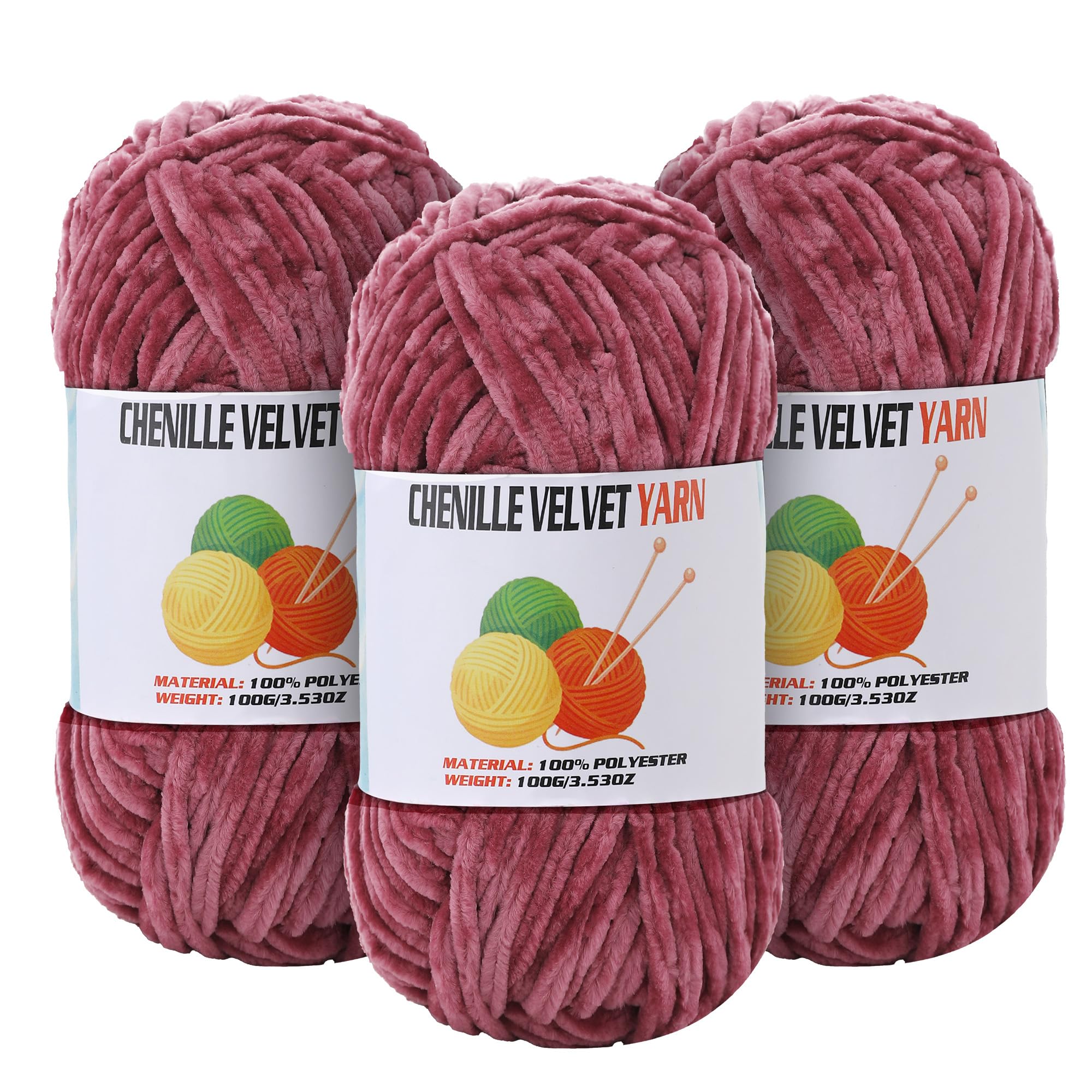 3 * 100g Velvet Chenille Chunky Yarn for Crocheting, Handcrafts Weaving Soft Chenille Yarn for Crocheting Clearance, Used for Making Baby Yarns Blanket, Clothes, Knitting Creations (Pomegranate)