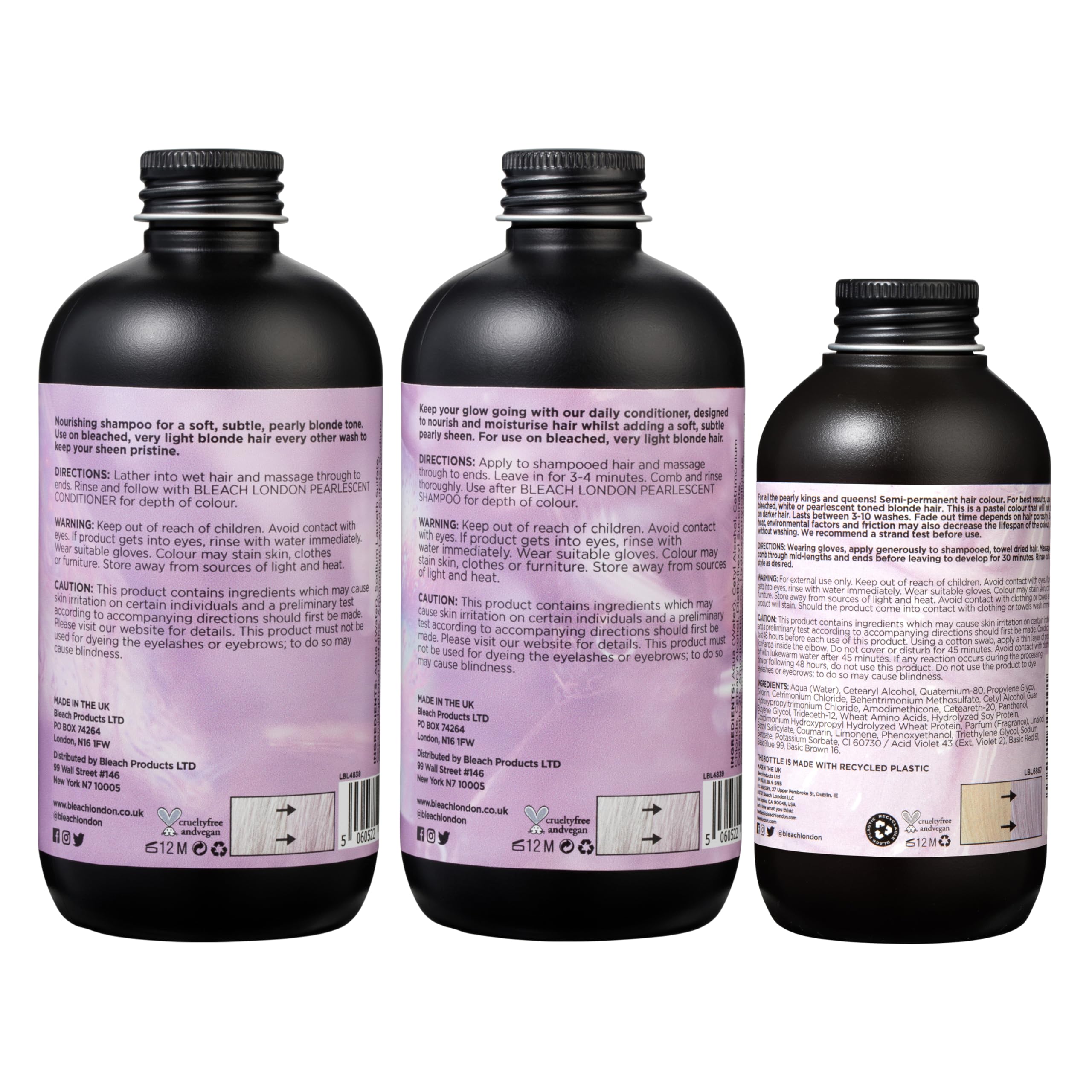 Bleach London Perlglanz-Haarfarbe, semi-permanent, 150 ml, Perlglanz-Shampoo 250 ml und Conditioner, 250 ml, Farbpflege-Set für ein Perlblond, 3 Stück