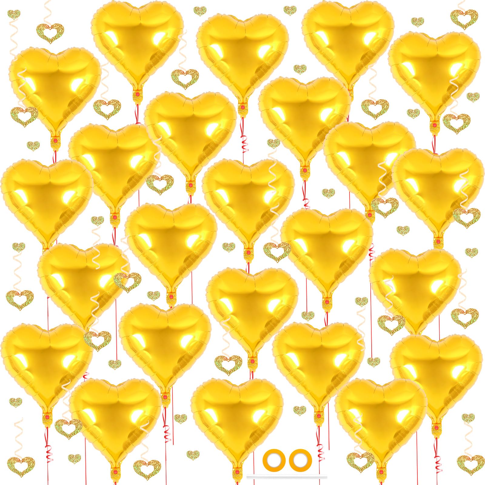24 Pcs Gold Heart Balloons, 100 Pcs Heart Hanging Streamers, 18 Inch Heart Foil Balloons Valentine's Day Balloon Love Balloon for Valentines Day Proposal Wedding Party Decorations