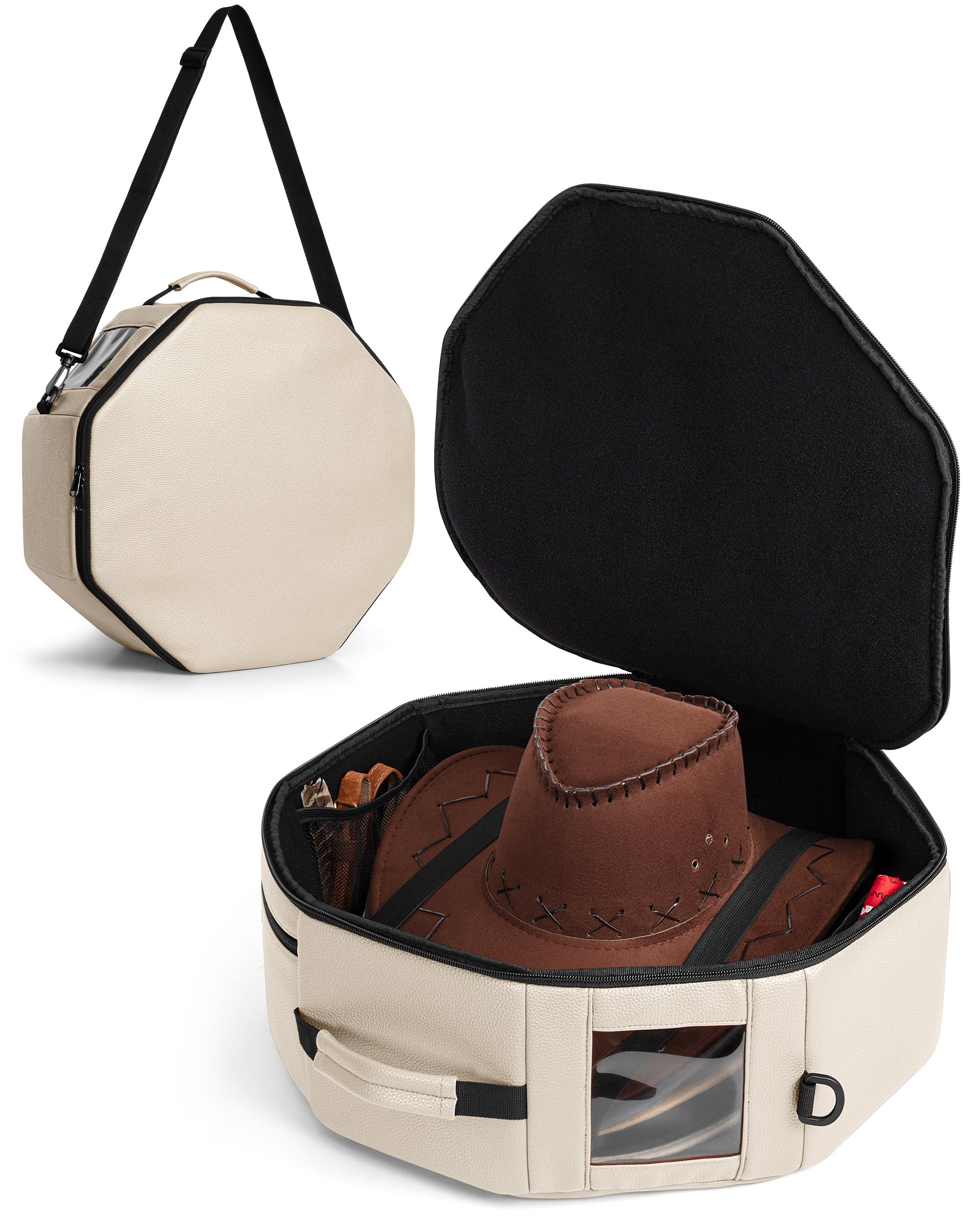 Marscamd Vegan Leather Hat Box, Fits 4 Cowboy or Wide-Brim Hats, Beige