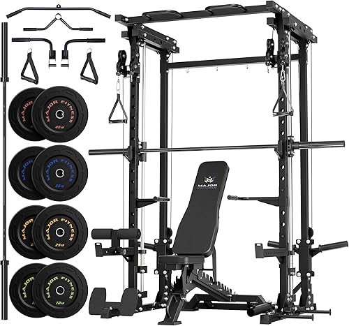 Miniatura 12 de MAJOR FITNESS Drone3 Smith Machine, 2500 libras todo en uno para gimnasio en casa con sistema de polea doble para cable cruzado, barras de dominadas