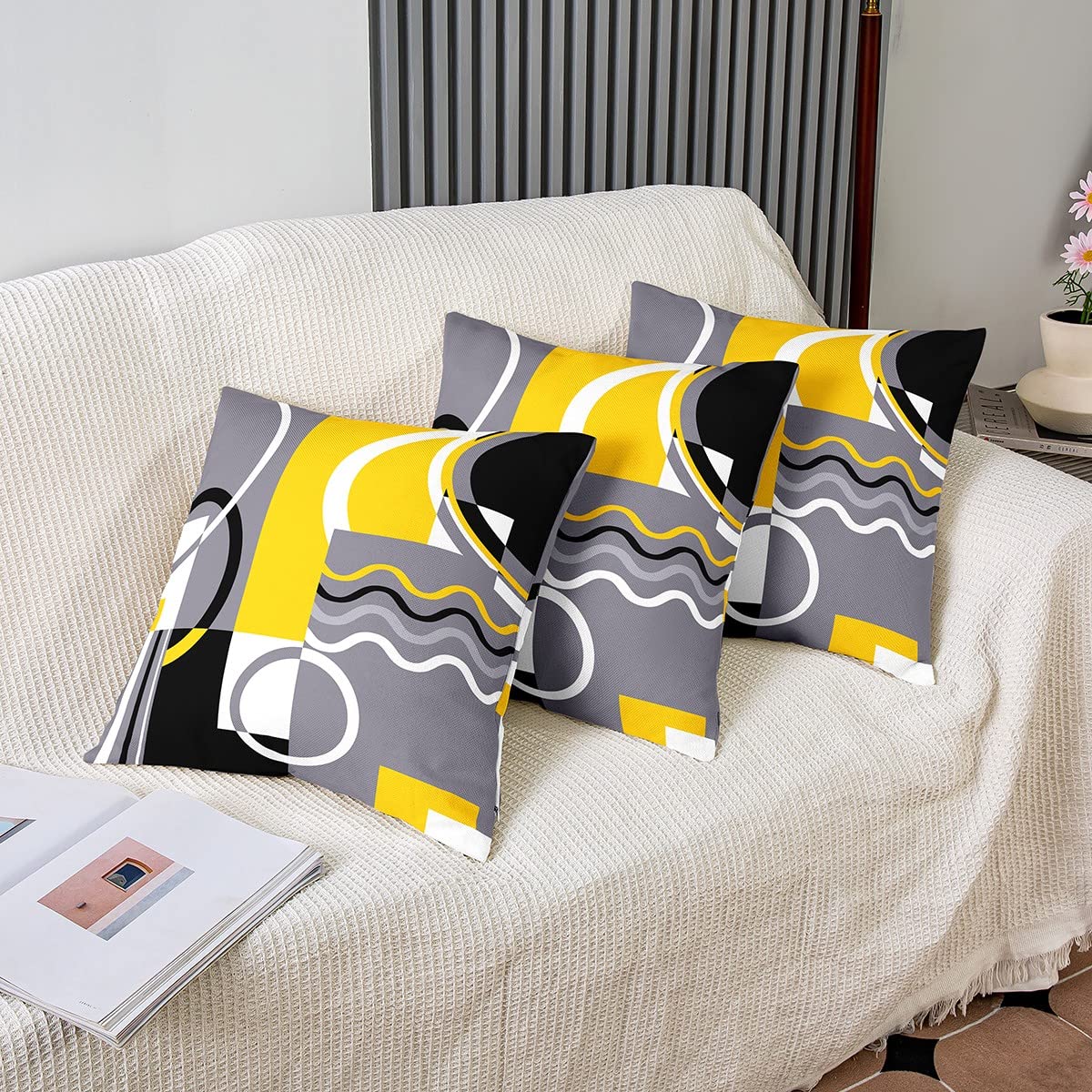 Loussiesd Geometric Square Cushion Covers Set of 2 Set Yellow Grey Black Reversible Throw Pillow Covers for Kids Decor Stripe Line Pillow Covers Home Decor Modern Striped Art 16x16 Inch - Image 4