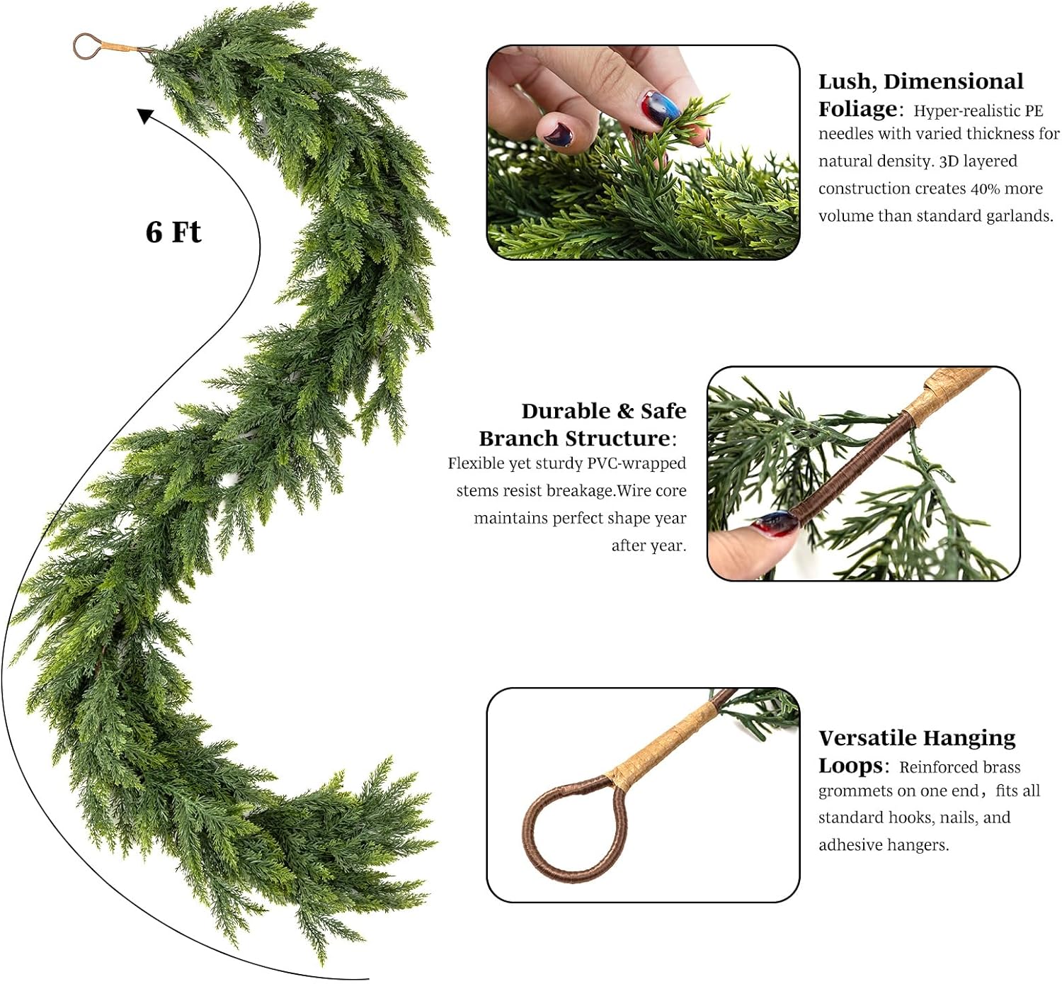 6FT Cedar Garland for Christmas Decoration-Realistic Faux Green Garlands for Mantle-Lush Artificial Greenery for Winter Mantle Fireplace Indoor Home Decor,1 Pcs - Image 4
