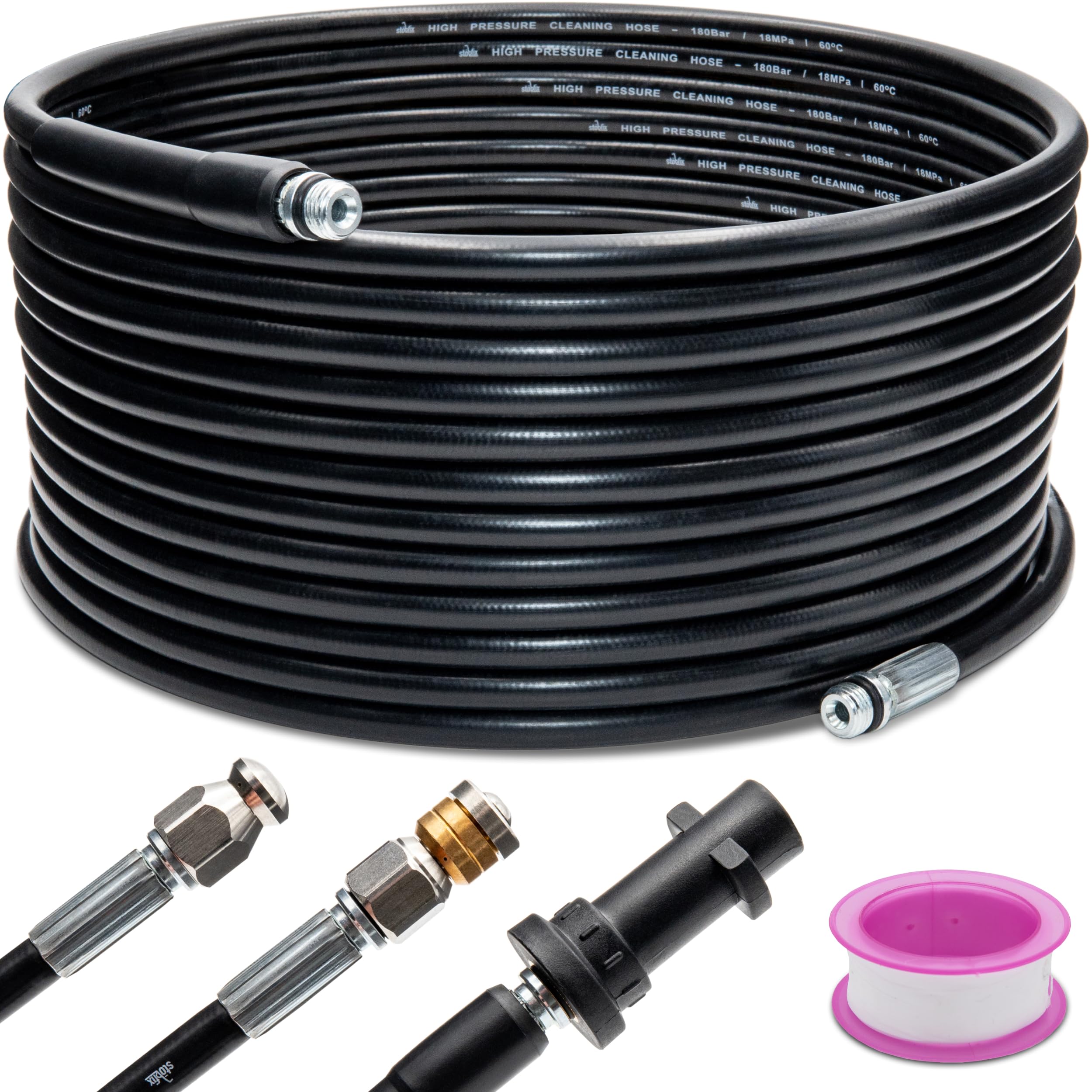 30 m Rohrreinigungsschlauch Set für Kärcher K2, K3, K4, K5, K6, K7 inkl. 2 Düsen und Adapter Abflussreiniger Schlauch Hochdruckreiniger 180 bar