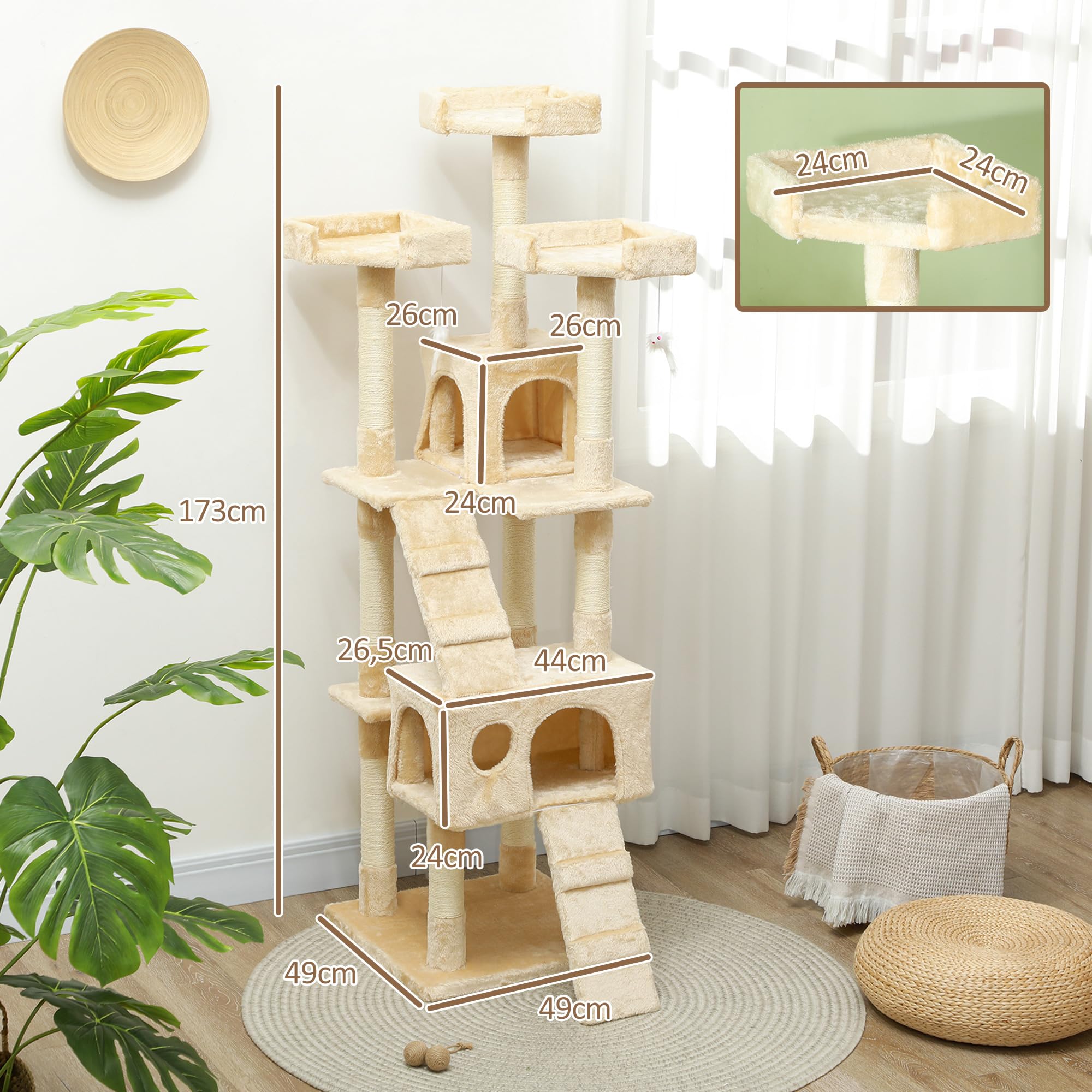 Albero tiragraffi per Gatti, 50 x 50 x 170 cm, per Dormire, Giocare, Centro attività, graffiare, Colore: Grigio Neutro (Beige)
