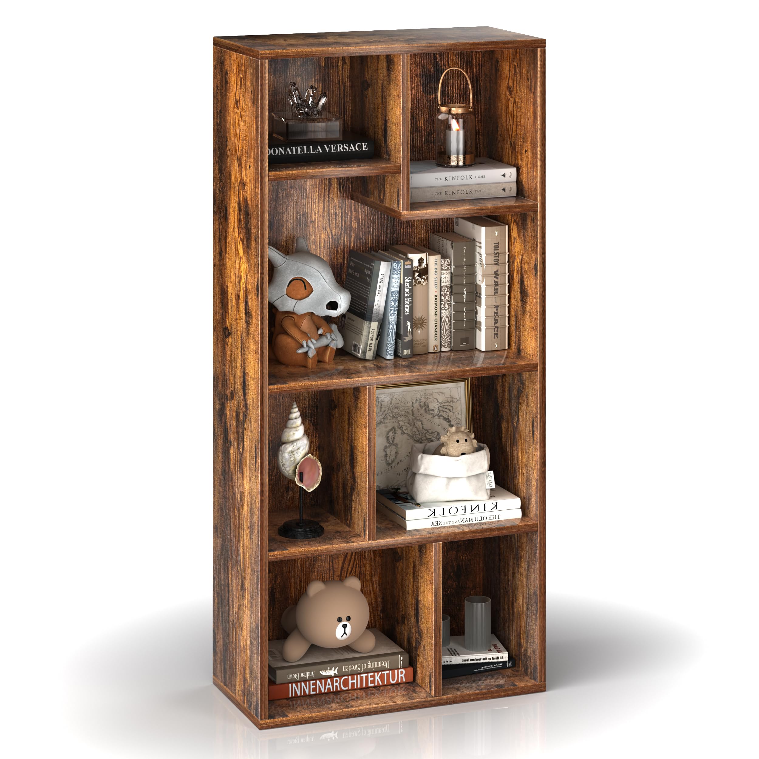 VECELO 4-Tier Modern Bookcase, 42 Inch High Storage Cabinet with Height Difference Shelves for Standard Textbooks, Floor Standing Display, 7 Cubes,