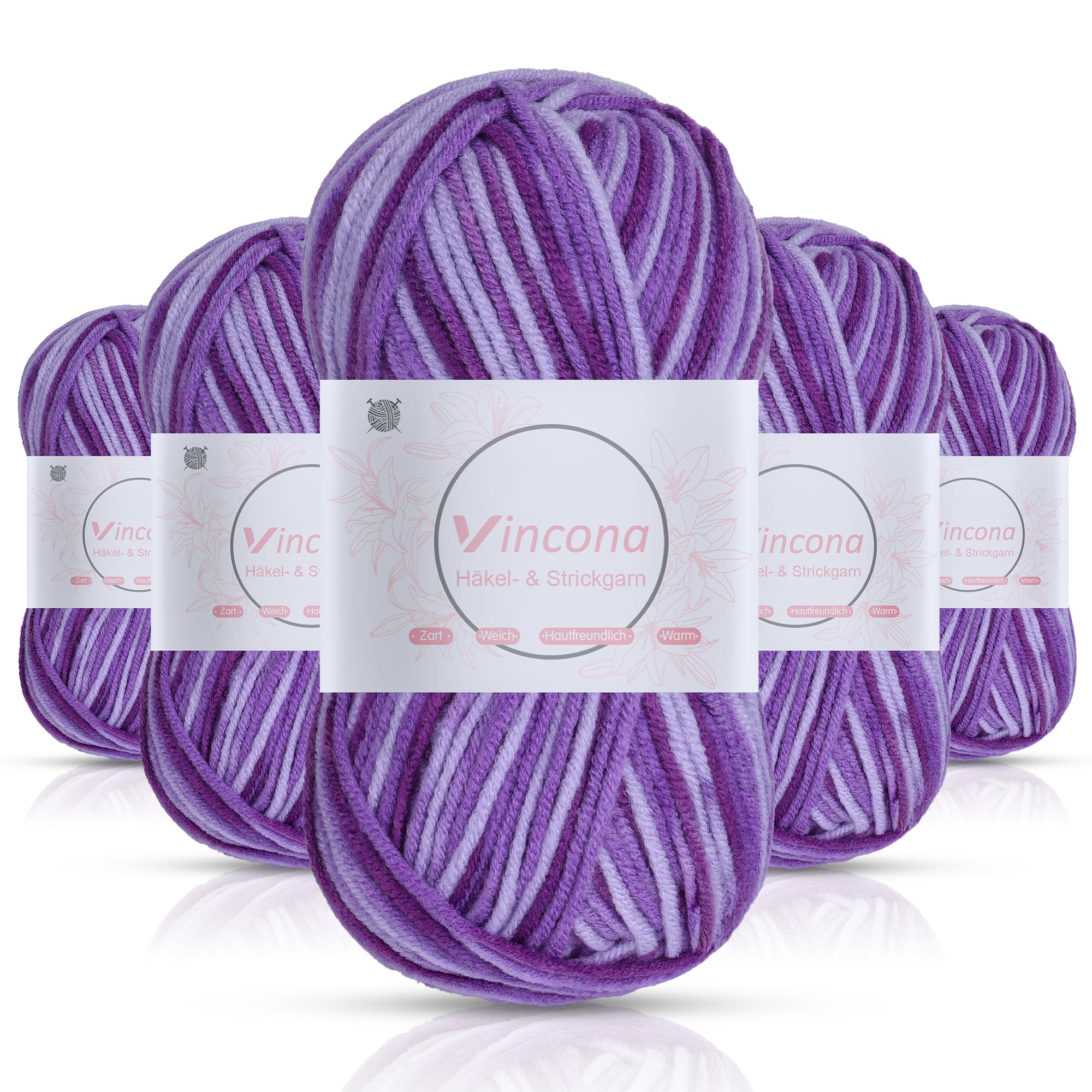 Vincona Häkelgarn，5x50 g Wolle zum Häkeln，Bunt Farbverlauf Acrylgarn zum Häkeln，Wolle zum Häkeln und Stricken, Handstrickgarnsets Geeignet zum Stricken von Puppen, Pullovern, Schals, Mützen