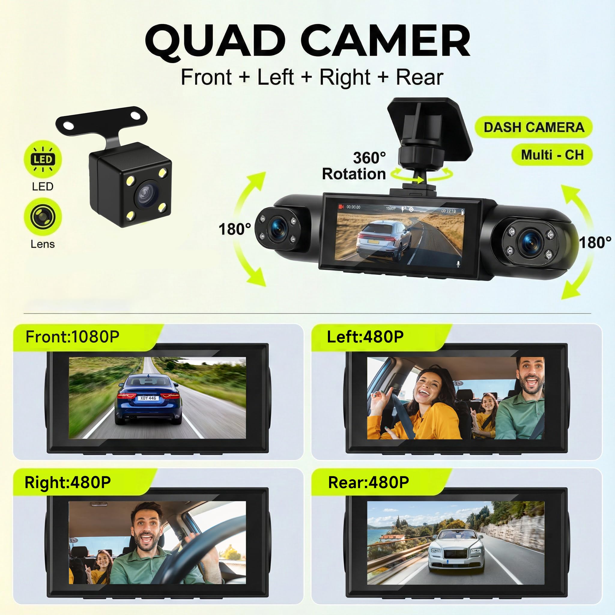 Rimoody 360° Dash Cam Auto 4 Canali, 4 Telecamera 1080P Anteriore e Posteriore Sinistra Destra, Visione Notturna, 3.16" Schermo, Registrazione Loop, Monitoraggio Parcheggio 24H, Assistenza Retromarcia