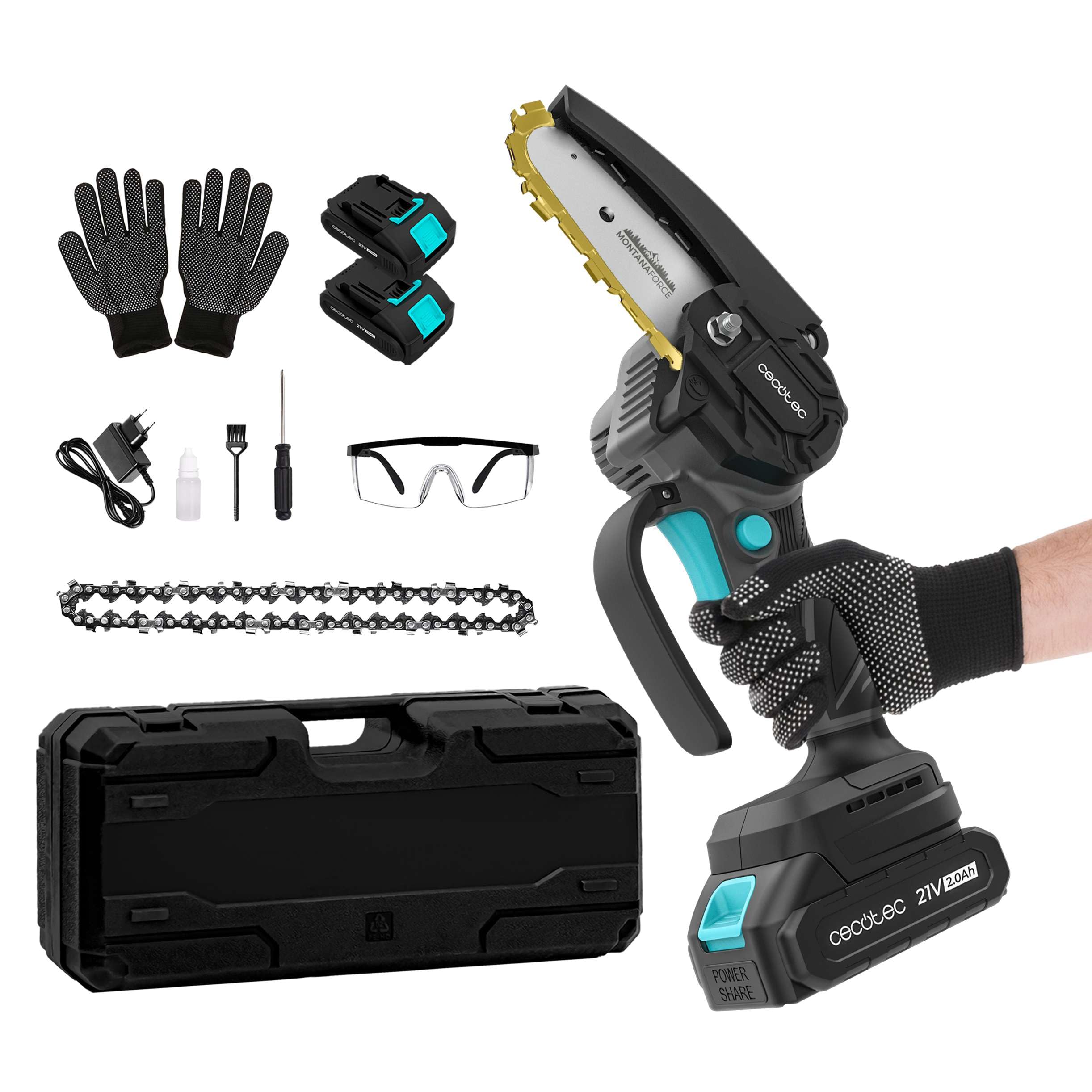 Cecotec MontanaForce 4000 Akku-Astsäge mit Akku, 21 V, 400 W, Geschwindigkeit 25.000 U/min, Knopfschmierer, inklusive 2 Nexus-Batterien, Koffer, Ersatzkette und Zubehör