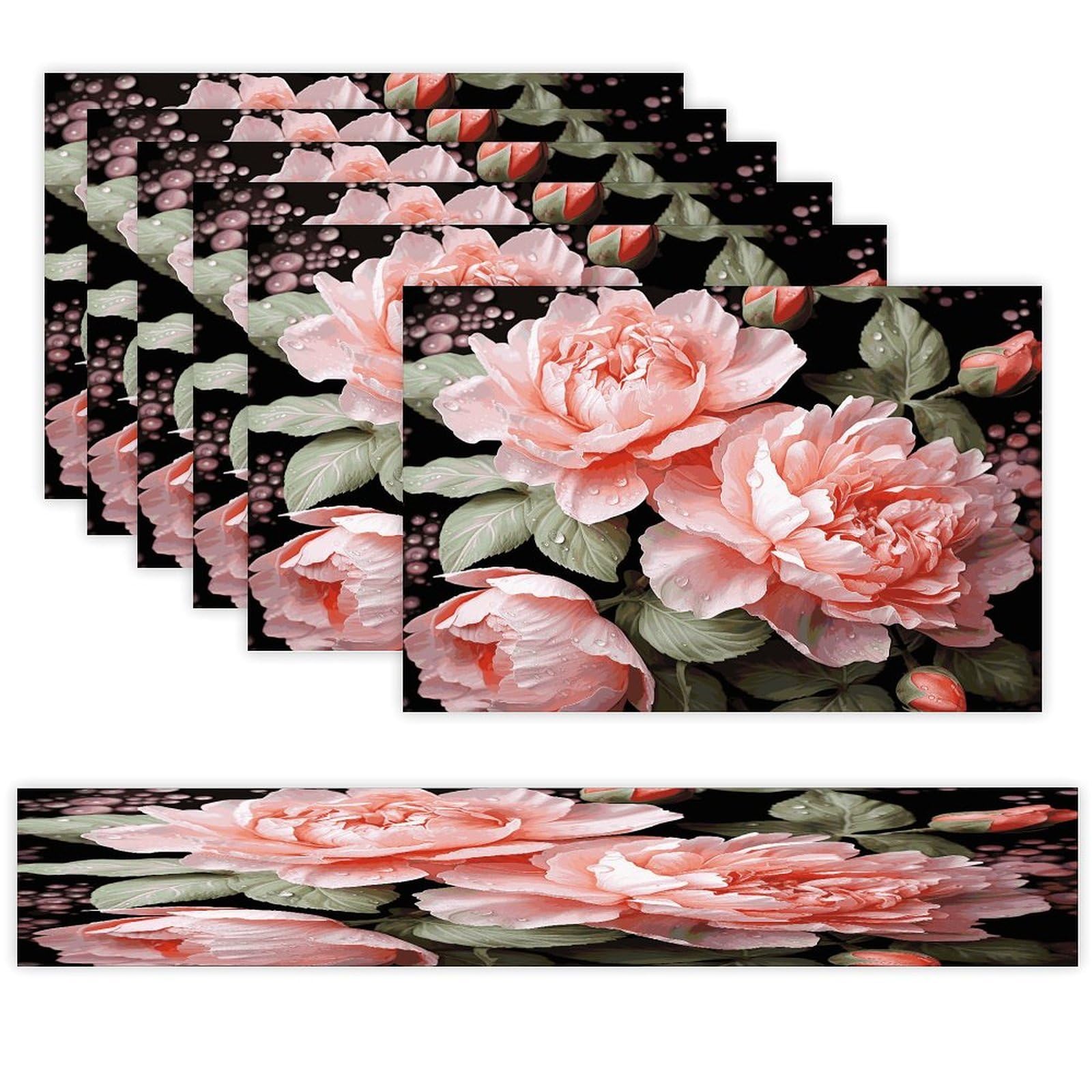 Peony Flowers Rose Table Runner and Placemats Set of 6 for Kitchen Washable Table Mats Heat Resistant Place Mats Non-Slip Place Mat Wipeable Placemat(6 Placemats+1 Table Runner)