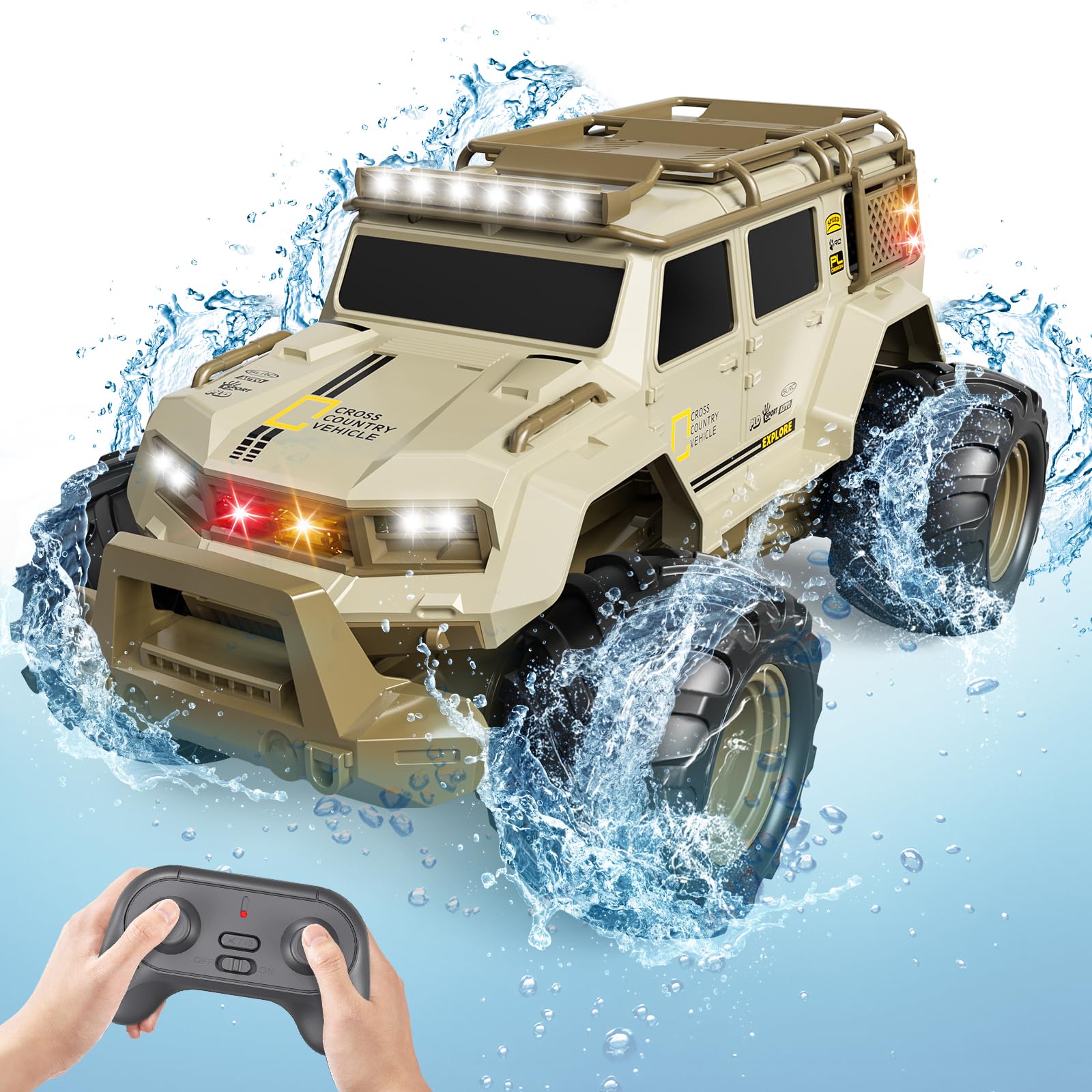 1:14 Coche Teledirigido, 2,4 GHz RC Monster Truck con Luces LED, 4 WD Todo Terreno Stunt Coche, Monster Truck Teledirigido Perfecto Regalo para Niños (Caqui)
