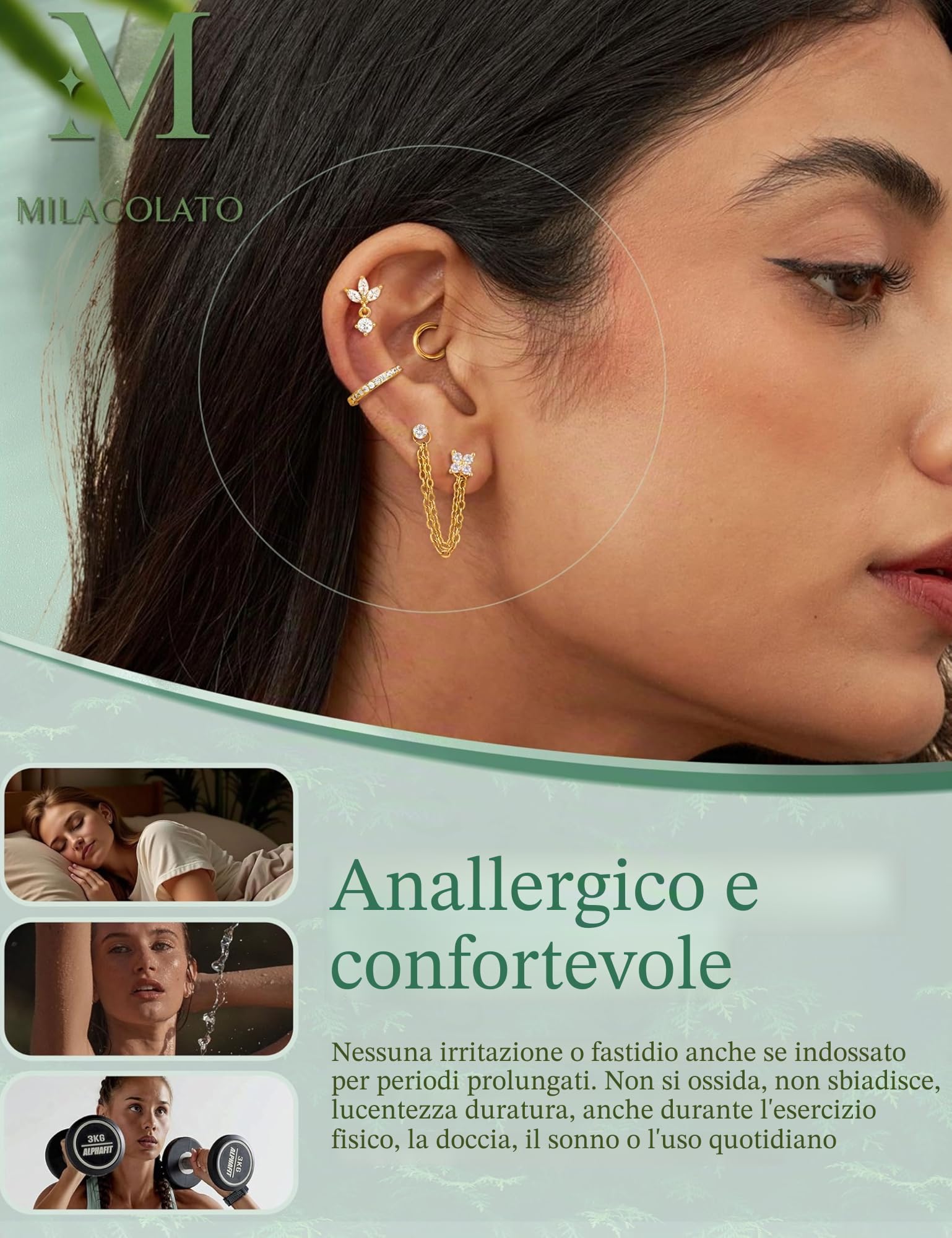 MILACOLATO 16Pcs Piercing Orecchio Acciaio Chirurgico Helix Piercing Orecchio Anallergici Donna Oro Argento Piccoli Cerchio Conch Cartilagine Trago Piercings Gioielli 20G