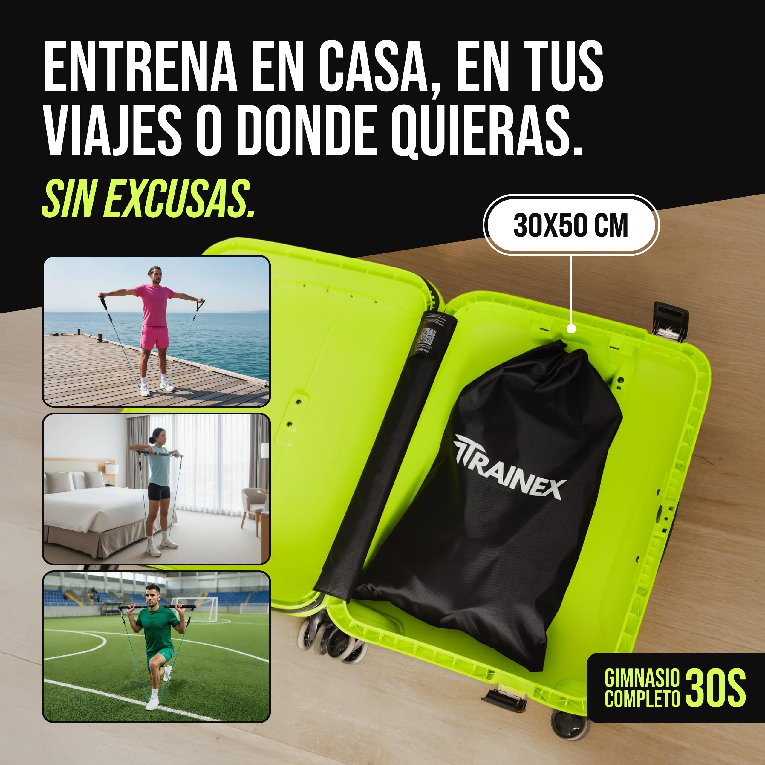 Bandas Elásticas de Musculación con Barra | Gomas de Resistencia hasta 100 kg | Kit de Entrenamiento en Casa Completo | TRAINEX