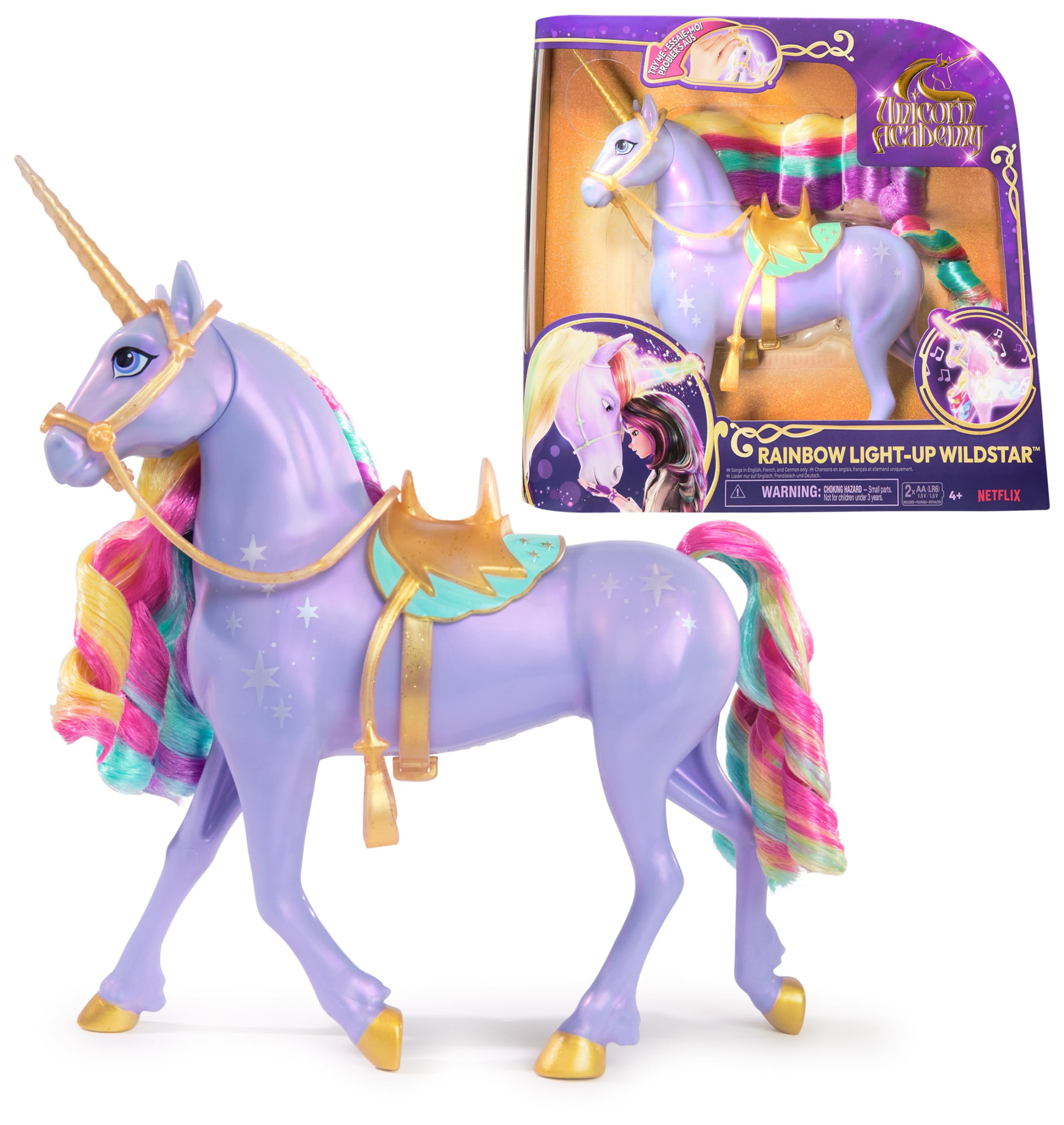 Unicorn Academy, juguete Interactive Rainbow Light-up Wildstar Unicorn con luces, sonidos y música, juguetes de muñecas y unicornios para niñas a partir de 4 años