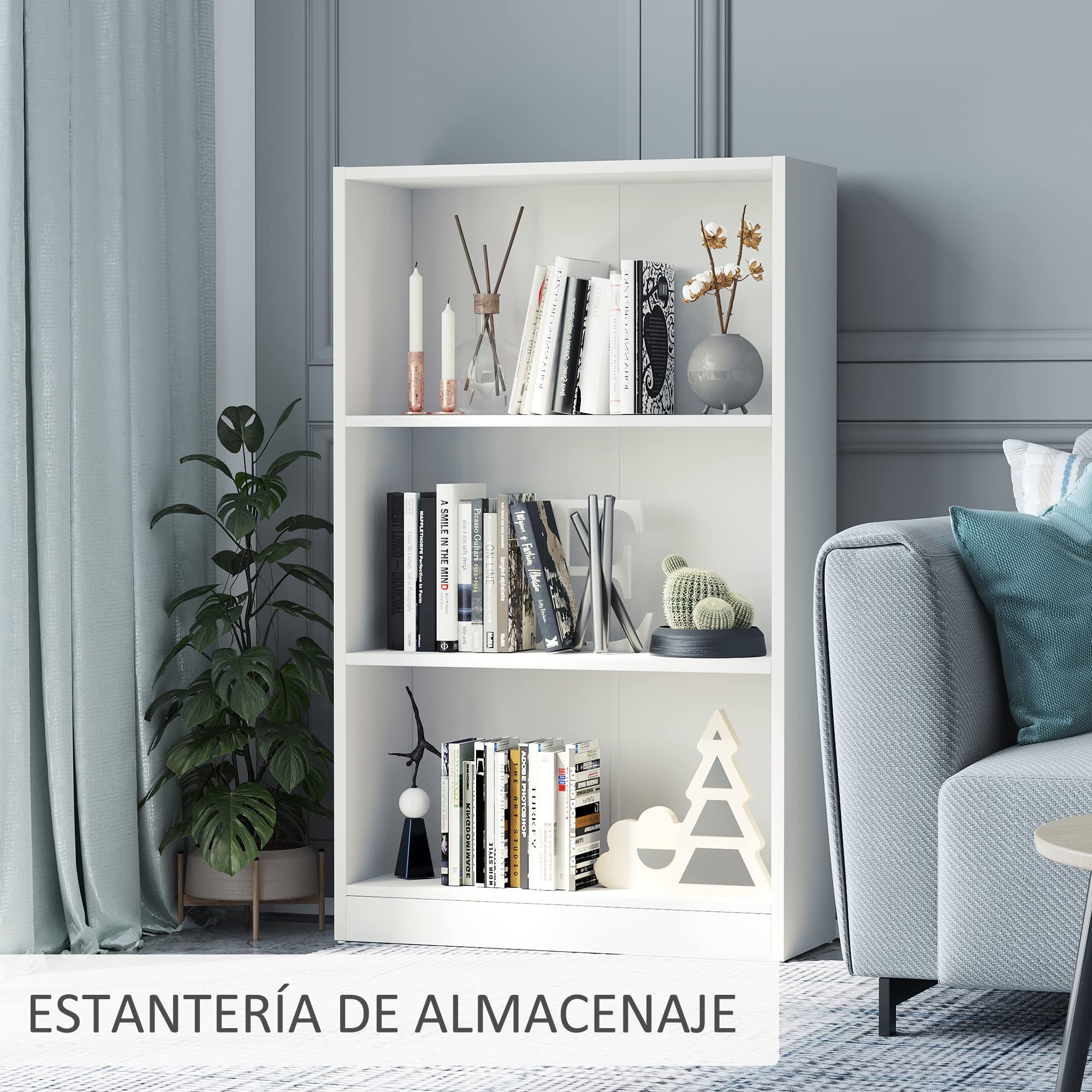 HOMCOM Estantería Librería con 3 Compartimentos 62,2x24x102,4 cm Blanco | Almacenaje, Libros CDs Plantas, Salón Estudio Dormitorio