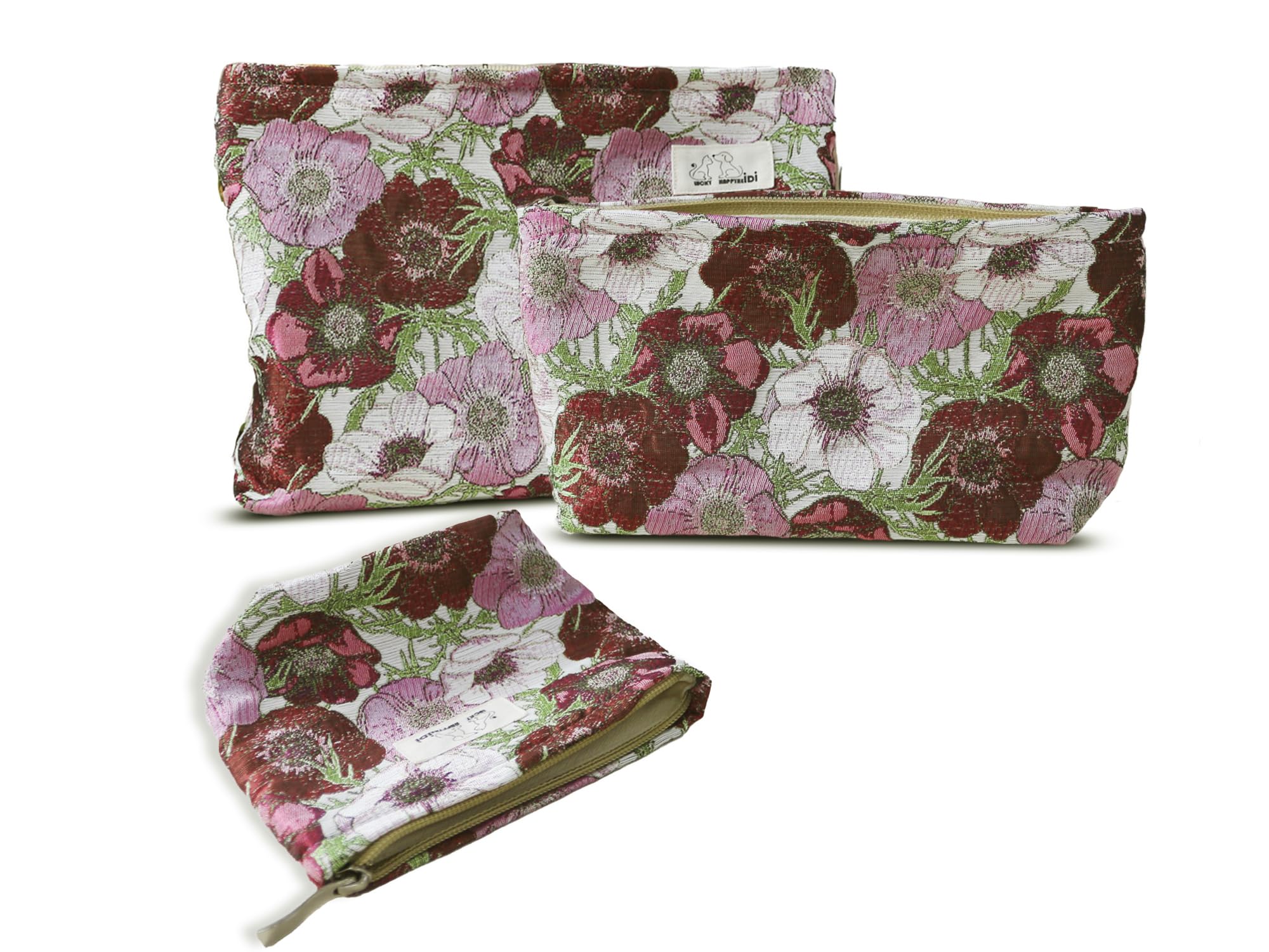 HAPPYHEIDI Makeup Bag Set 3 Cosmetic Toiletry Organizer Zipper Pouch for Purse Tote, Women Girls Gift, Large Medium Small, Red Floral Jacquard