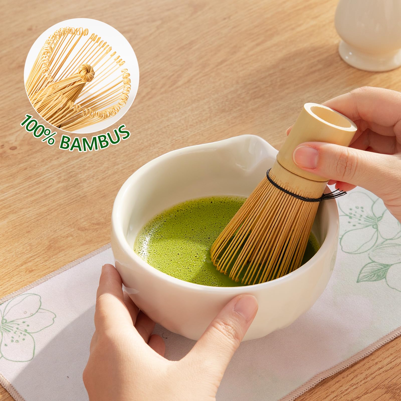 Matcha Kit 8 Piezas – Set para la Ceremonia Japonesa del Té con Cuenco con Pico, Batidor de Bambú (Chasen), Soporte, Chashaku y Tamiz – Regalo para Amantes del Matcha, Beige