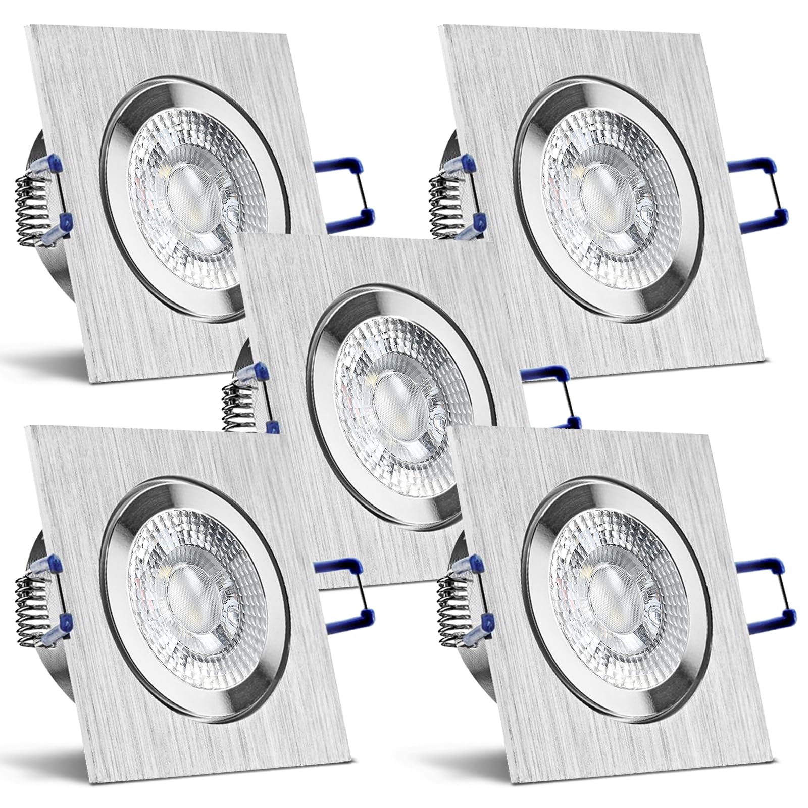 trendlights24 Mare IP44 Decken LED Bad Einbaustrahler flach 230V 5W 5er Set | Einbauleuchte, Decke, ultra flach, 35 mm Einbautiefe, 400lm, 3000k, Warmweiß, Aluminium, eckig, Feuchtraum, outdoor, außen
