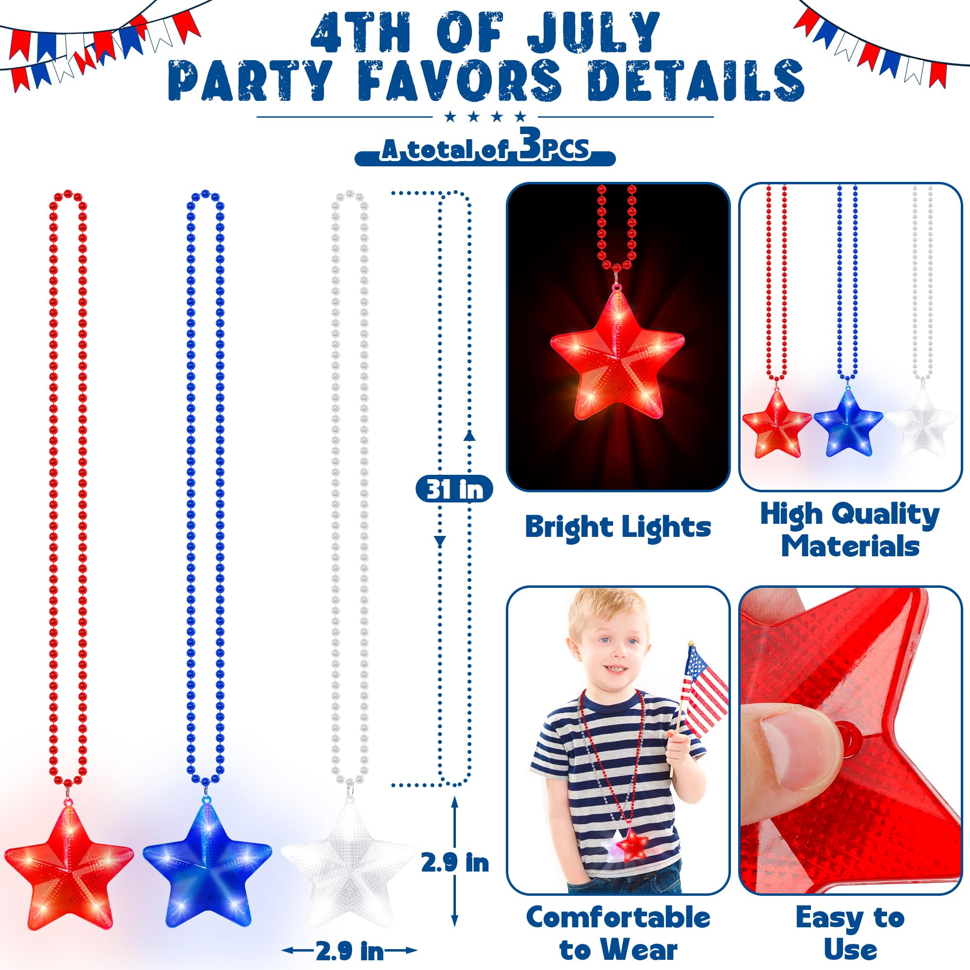 4th of July Accessories, 3PCS Star Light up Necklace Independence Day Beads, Red White Blue Patriotic Fourth of July Necklace Party Favor, Glow Star Accessories for Memorial Veterans Day Parades