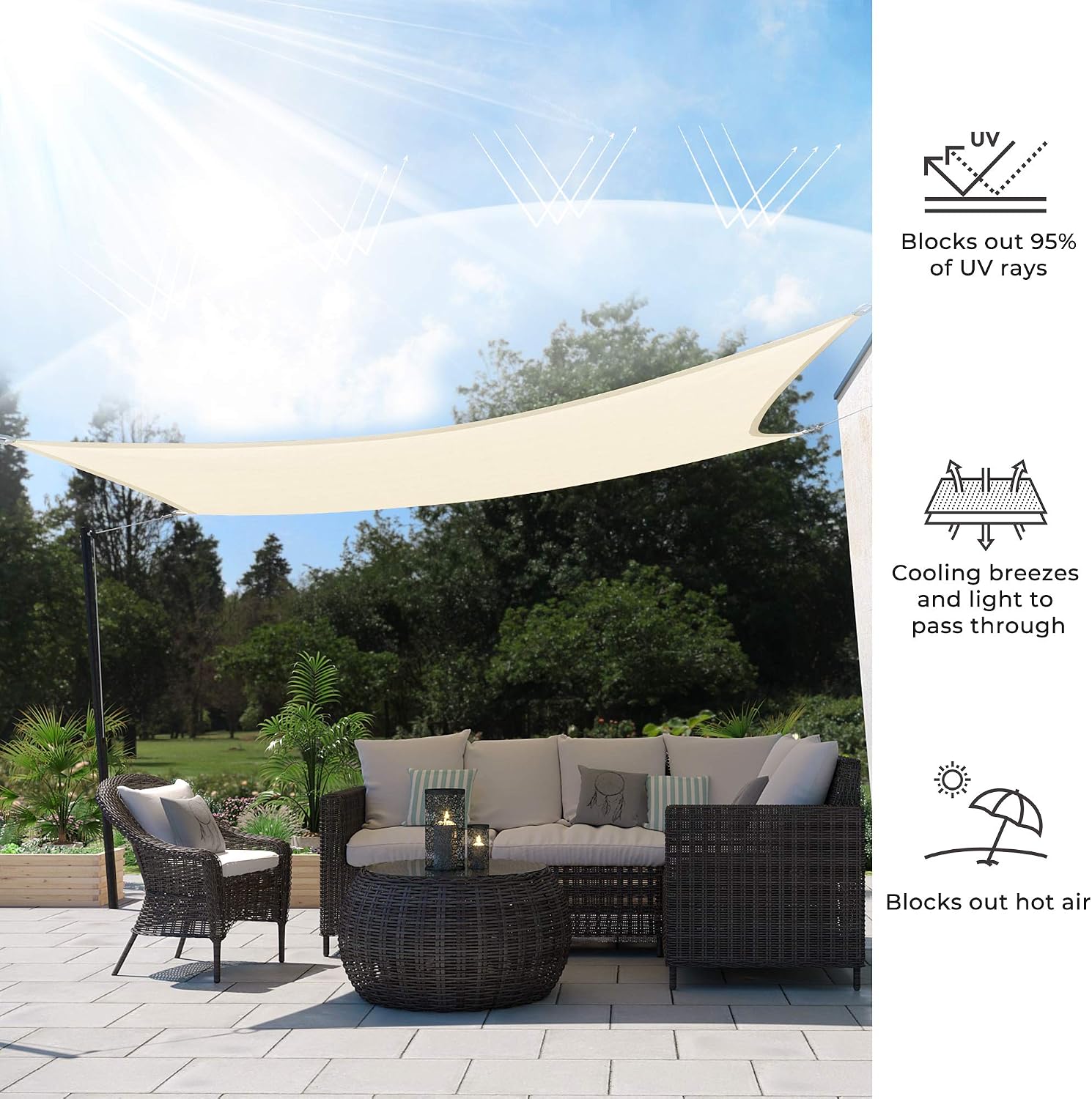 SONGMICS Sun Shade Sail, 12 ft x 8 ft (L x W) Rectangle Sun Shade, UV Block Sail Canopy Awning, for Patio, Backyard, Garden, Deck, Outdoor Activities, Beige UGSS001M01