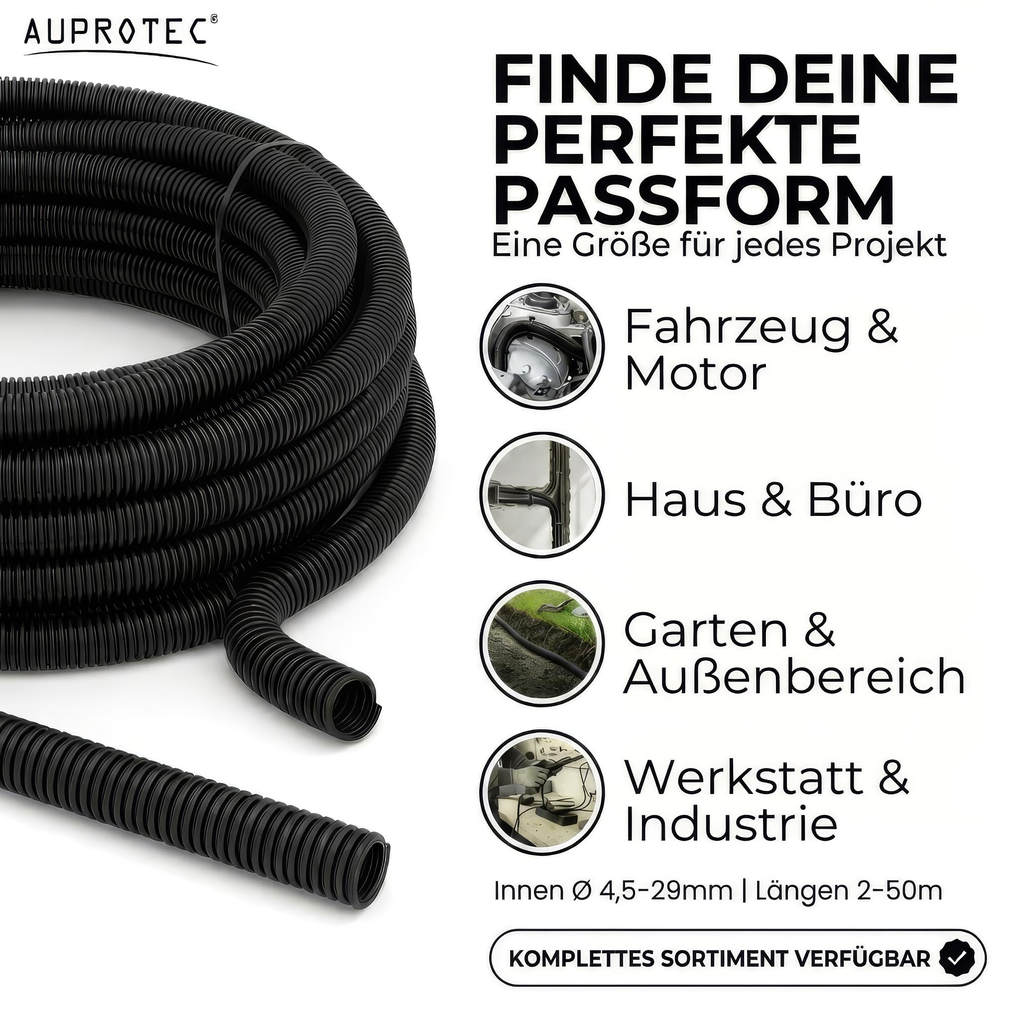 AUPROTEC Wellrohr geschlitzt NW 12 / Innen-Ø 12,5 mm, 50m, Schwarz | Polypropylen, PP-MOD, UV-beständig, Hitzebeständig, Kabelschutzschlauch, Innen- und Außenbereich