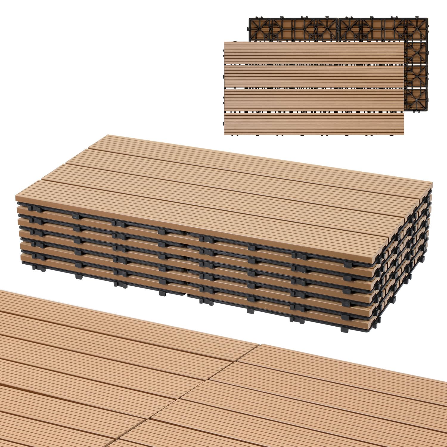 Dalles WPC, 30x60cm Dalles de terrasse clipsables, dalles de balcon en aspect bois, plaques résistantes aux intempéries avec fonction de drainage, pour terrasse, balcon, jardin, en teck (12