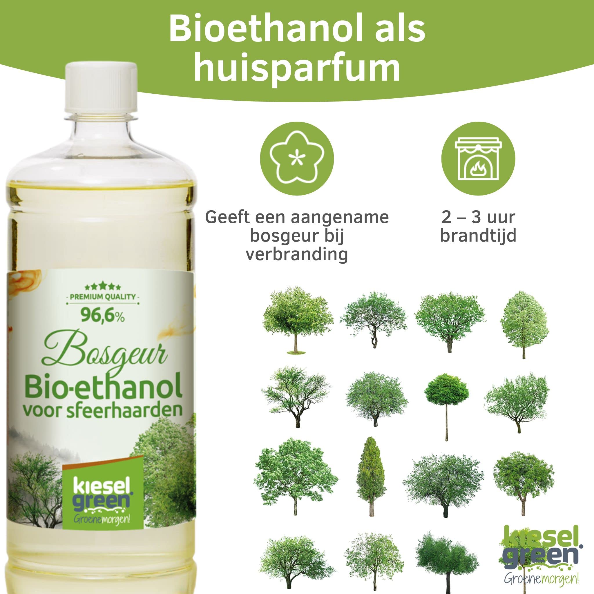 KieselGreen Bioethanol 6 x 1 liter met geur voor ethanolhaard, vele soorten - bio-ethanol als kamergeur in vele geurnoten - parfum voor bio-ethanol open haard indoor of bio-ethanol tafelvuur (bosgeur