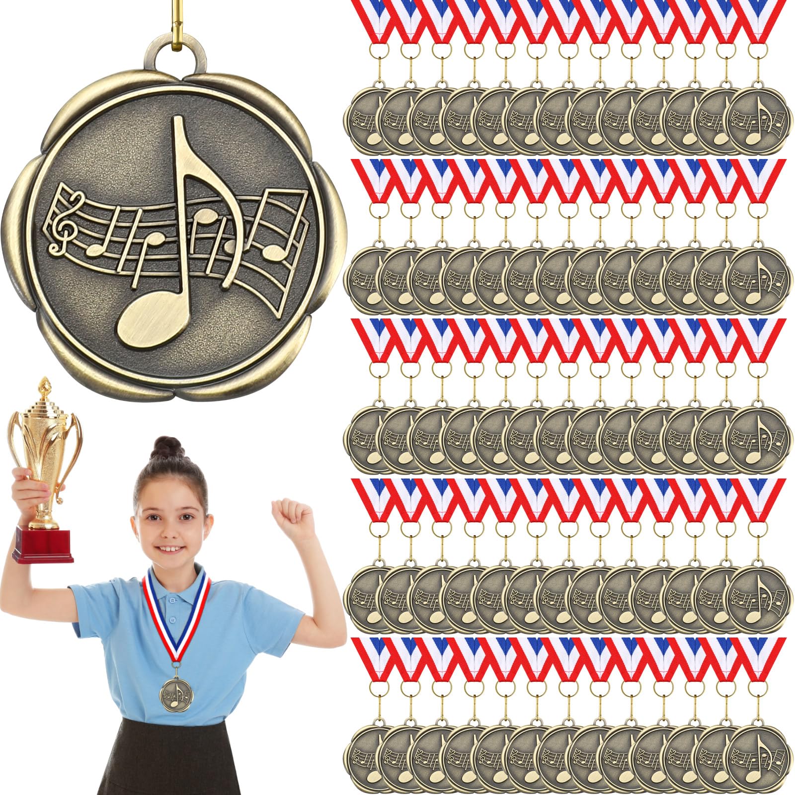 Quelay 100 medallas musicales a granel de oro con cintas para el cuello, trofeo de premio de metal para torneos de canto, competiciones musicales, regalo para niños o adultos