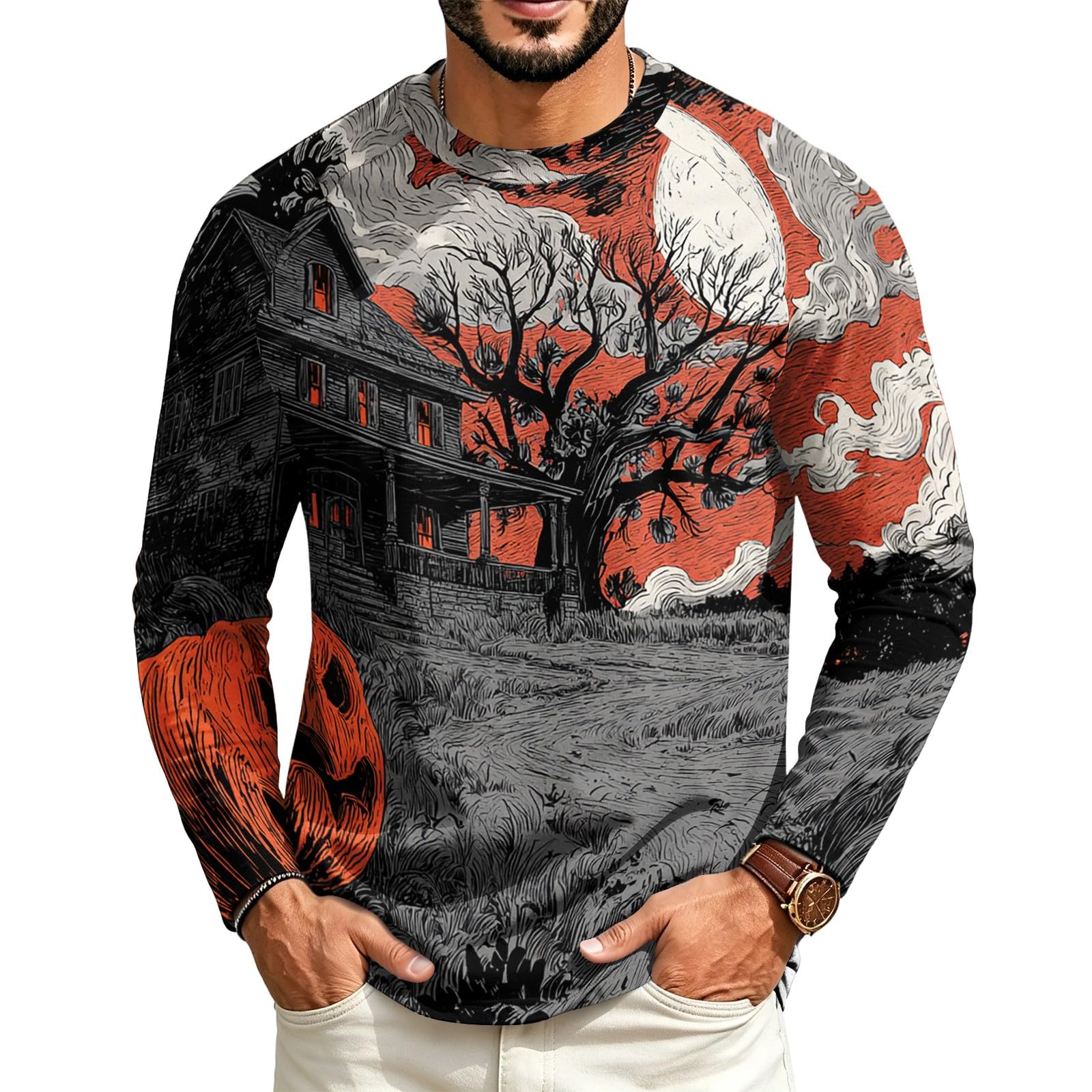 Halloween Crew Neck Shirts Costumes for Men Long Sleeve Fit Pumpkin Ghosts Print Casual Fashion Tops 2026，04-Saffron L — image 1