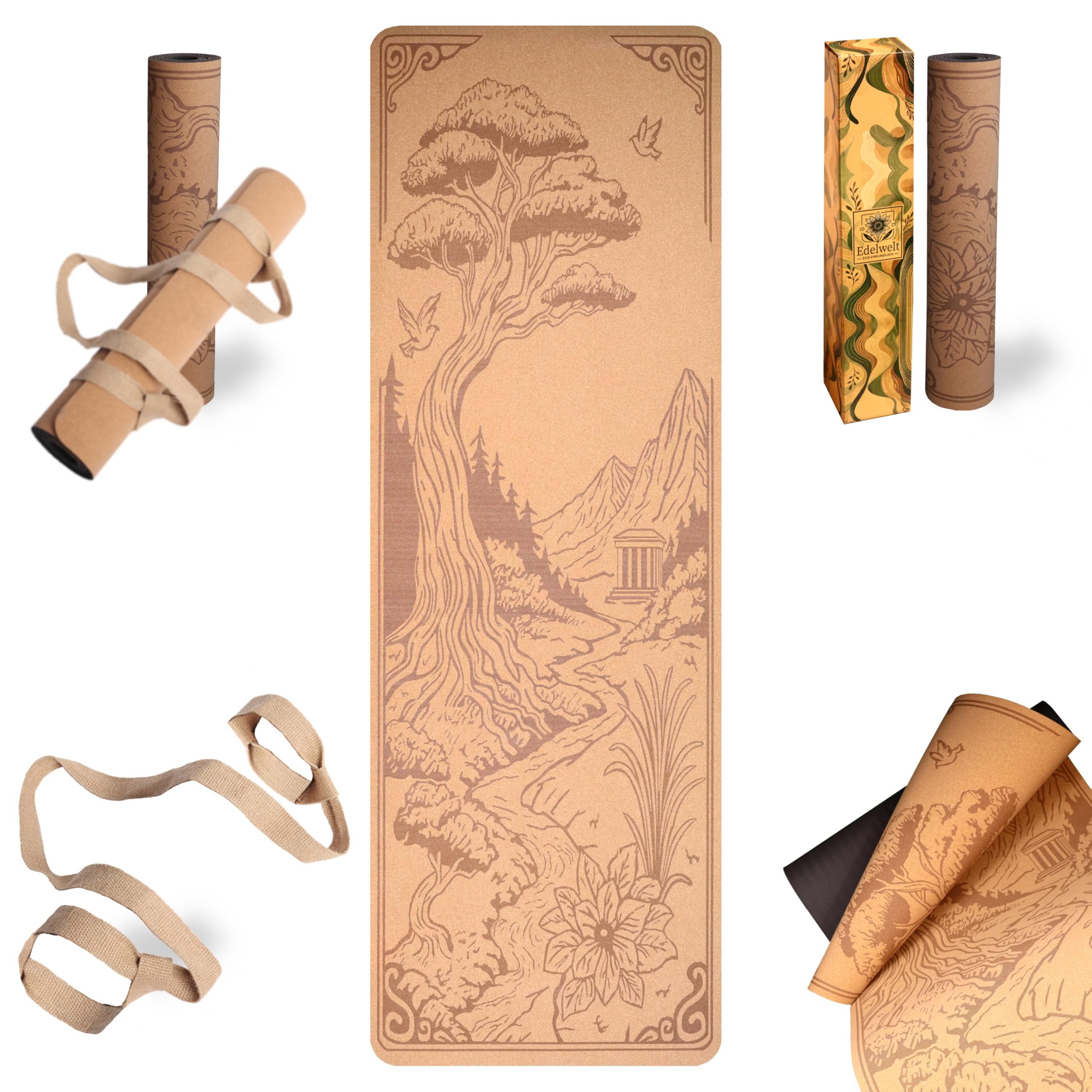 Yogamatte aus Kork – rutschfest & nachhaltig – 183×61 cm mit 5 mm dicker Matte, Tragegurt & Lasergravur-Design für Yoga, Pilates, Gym & Sport – für Anfänger & Geübte