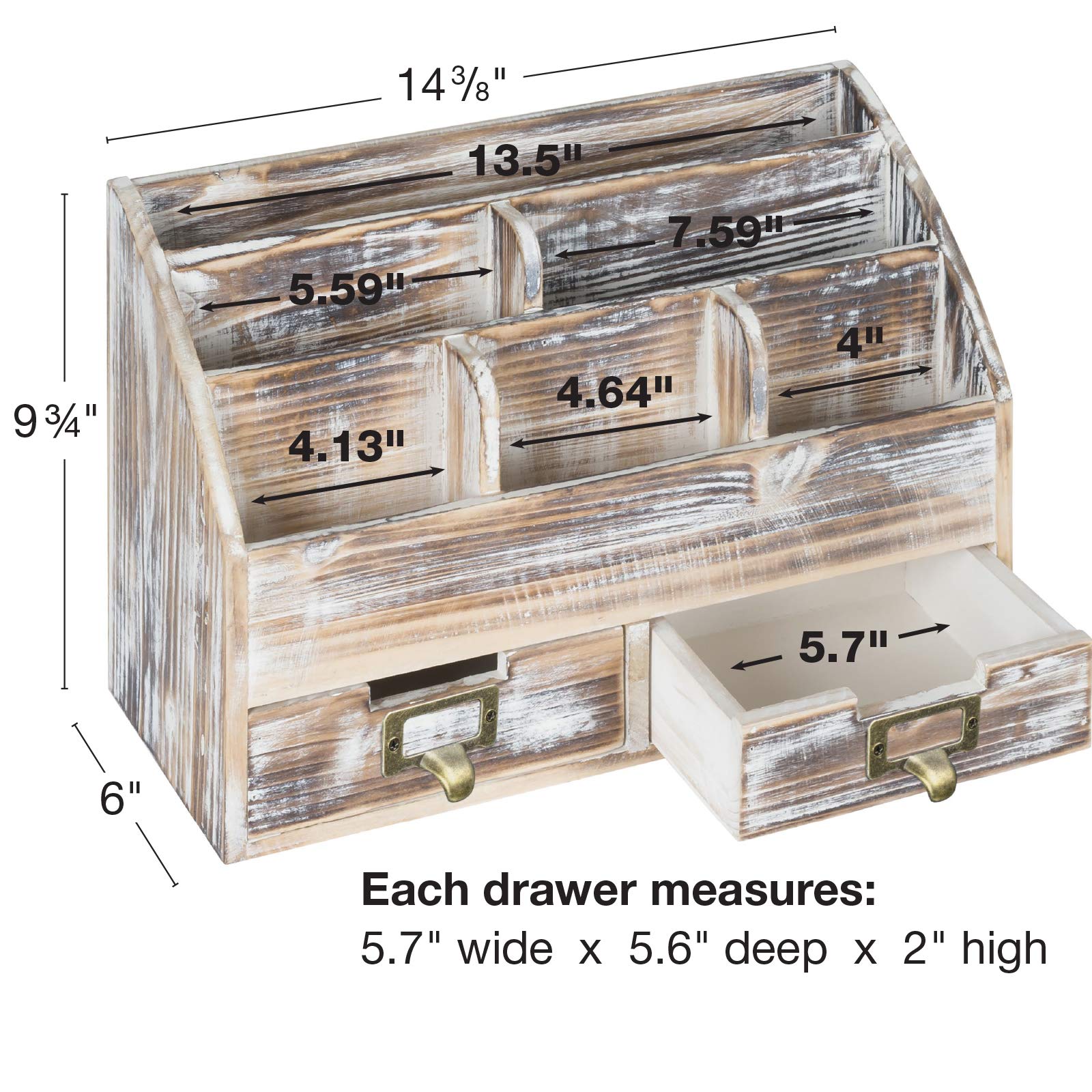 Excello Global Products Organizer da scrivania in legno rustico: include 6 scomparti e 2 cassetti per organizzare accessori da scrivania, posta, penne, quaderni, cartelle, matite e forniture per