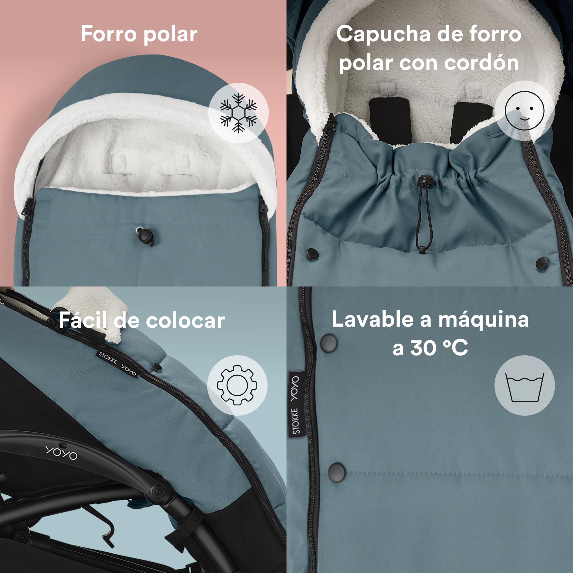 Saco para Stokke YOYO, Aqua - Capucha de forro polar con cordón, acolchado doble - Lavable a máquina a 30 °C - Incluye bolsa pequeña