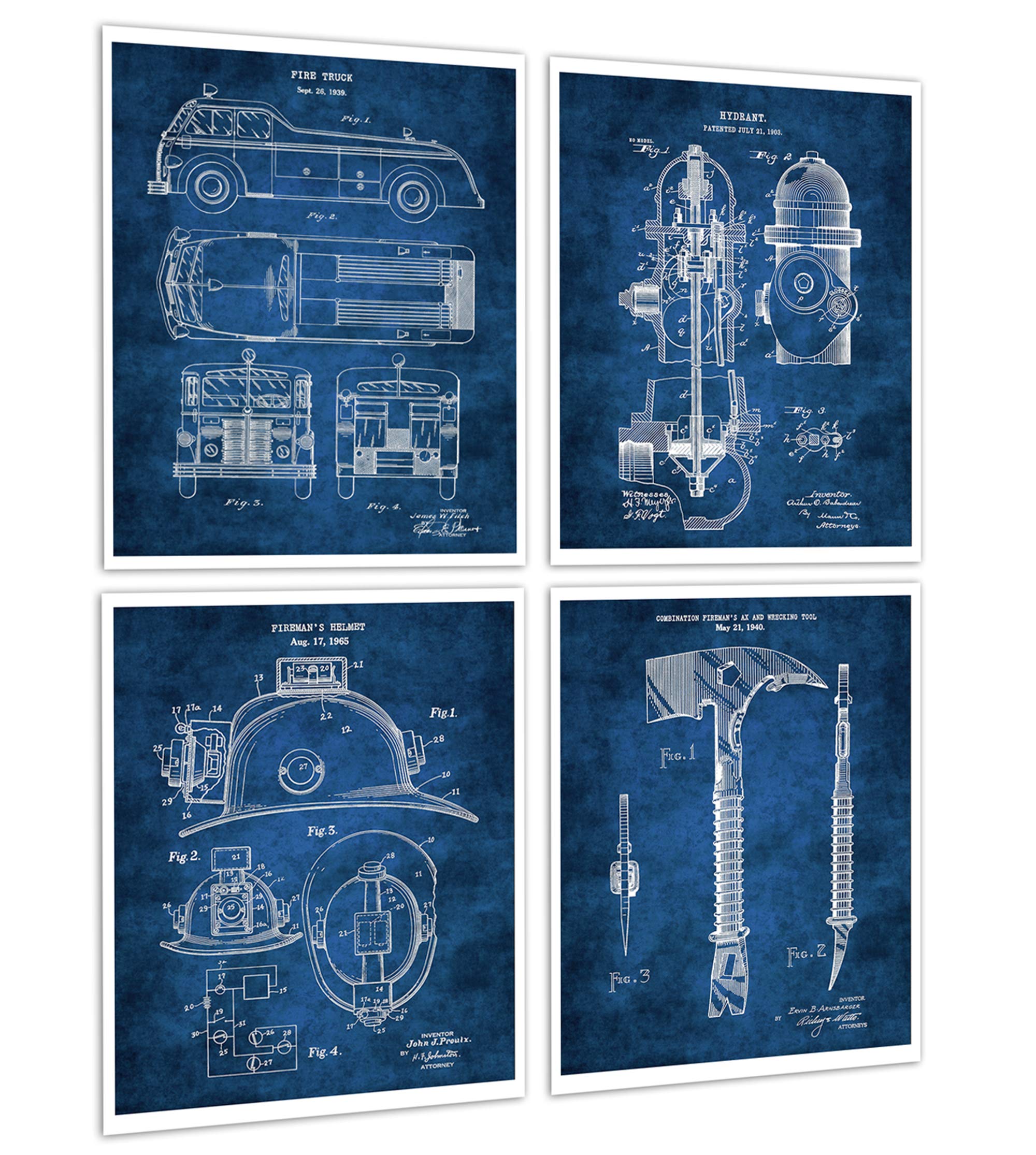 Gnosis Picture Archive Firefighter Decor Set of 4 Unframed Blue Patent Art Firefighter Gift Patents_firefighting_Blue4B