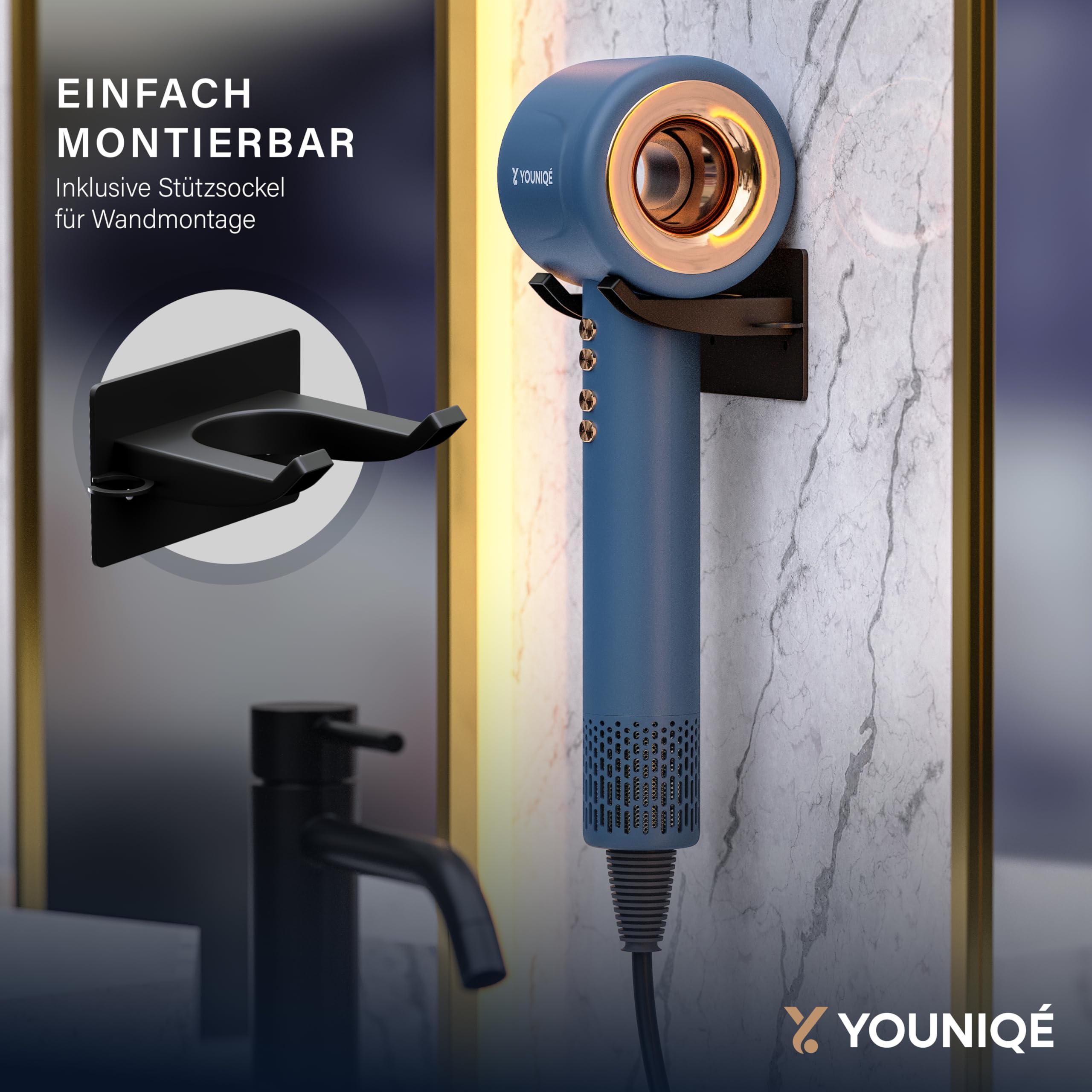 Haartrockner – 5-in-1 Föhn mit Ionen-Technologie, Lockenstab, Glättdüse, Diffusor & Konzentrator – 1600W, LED-Anzeige, 4 Temperaturstufen, Magnetaufsätze – Ergonomisch – Blau/Gold