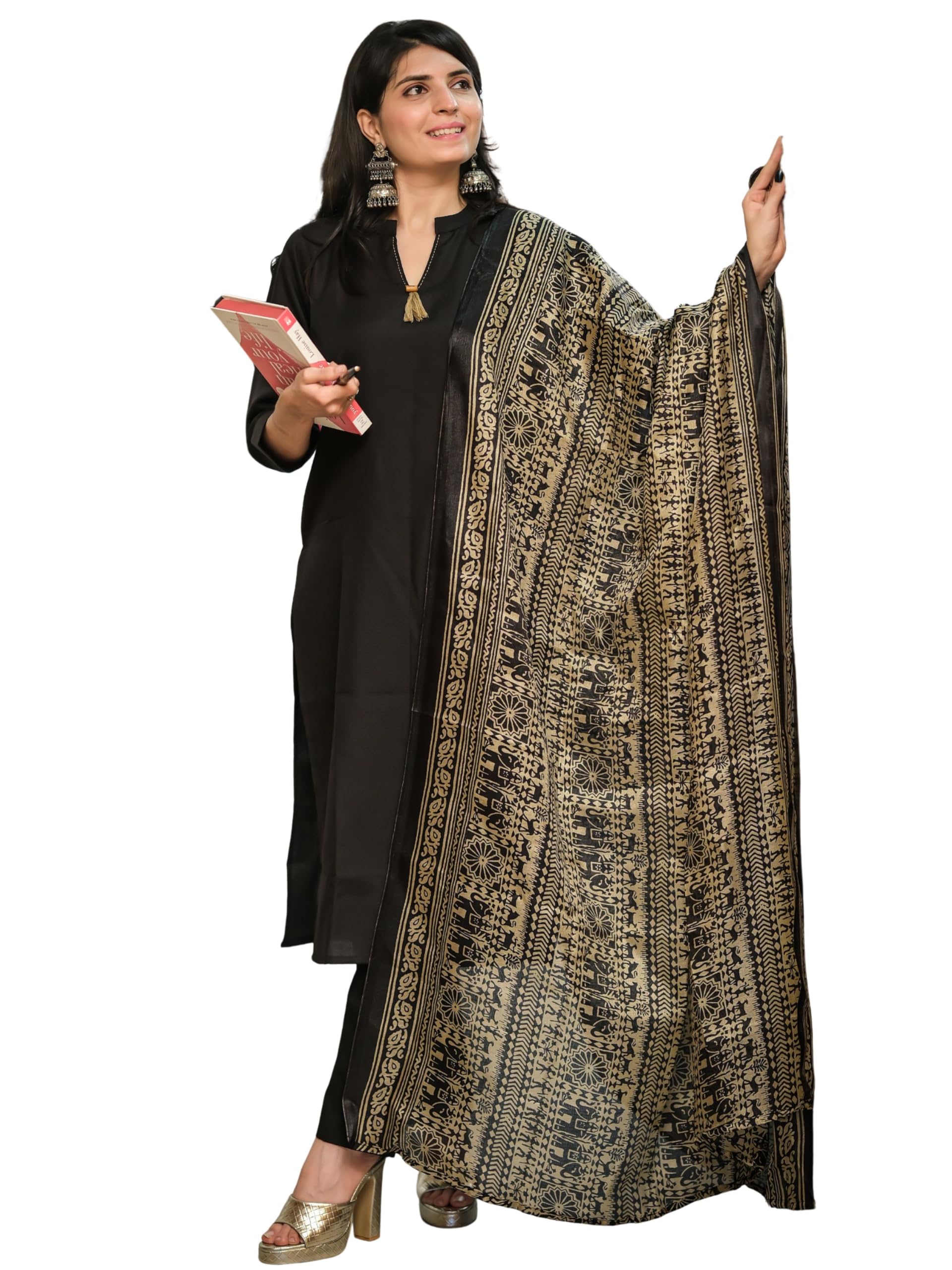 Youthnic Women's Cotton Blend Solid strYouthnic aight Kurta Pant with Digital Print Dupatta Set | Ethnic Set for Women | Black Kurta Set