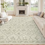 Tapis 5x7 lavable : grand tapis boho pour salon, tapis doux antidérapant, tapis fin intérieur, tapis floraux neutres non pelucheux pour chambre, salle à manger, crèche, beige