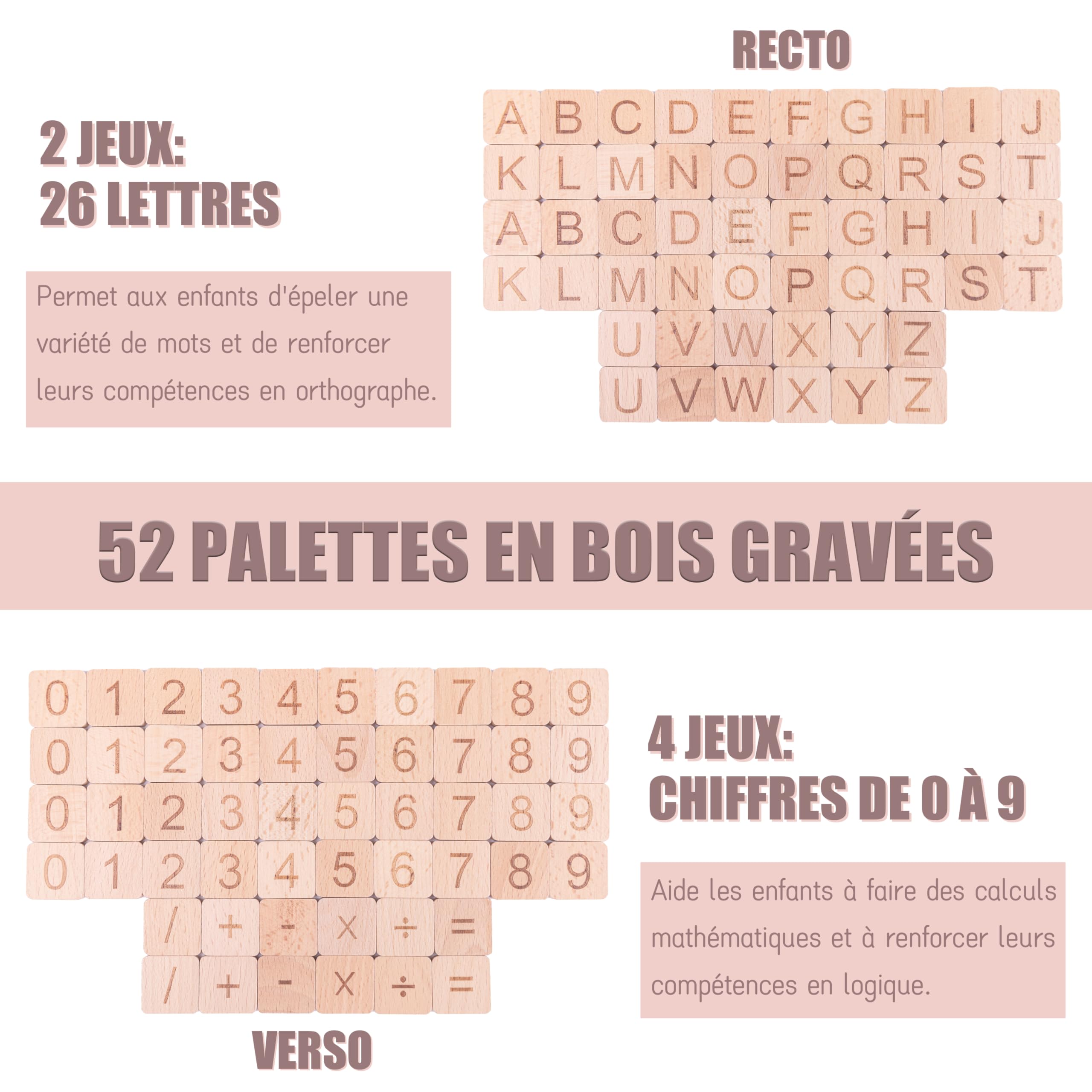 Estuche Montessori 3 en 1 de Madera – Lectura, Ortografía & Cálculo – 106 Piezas (Letras y números) – Juego Educativo Autocorrectivo Aprender a Leer y Contar – Niño 3-8 Años