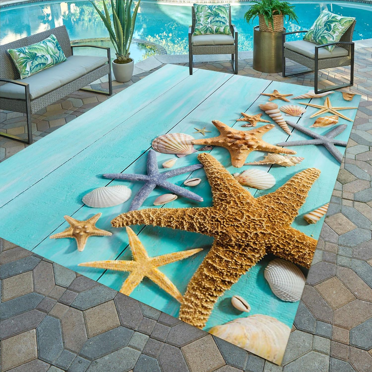 Light Blue Distressed Wood Starfish Outdoor Rug 9x12 Waterproof Durable Outdoor Area Rug for Patio Balcony Deck Porch Non Slip Large Carpet Machine Washable Foldable Indoor Outdoor Carpet Floor Mats