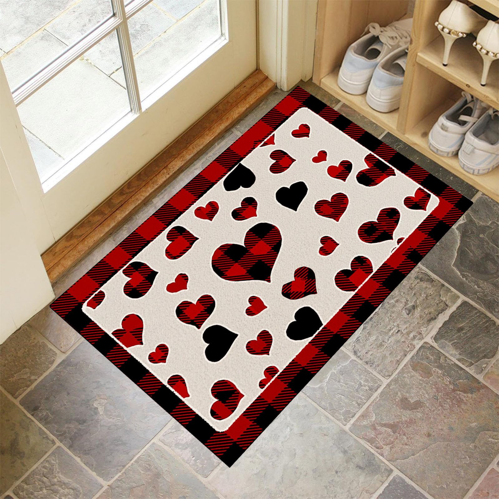 Schmutzfangmatte Innen, Retro-Büffelkaro-Herz Waschbarer Fussmatte, Dünne Fussmatte, Geometrisches Land Teppiche Niedriger Flor rutschfest Für Flur Eingangsbereich, 90X150Cm, Rot Schwarz
