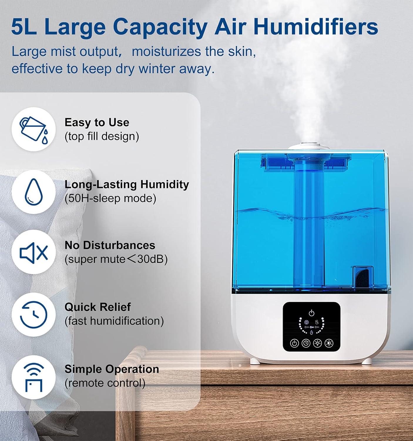Buy Humidifiers for Bedroom, Humuge 5L Top Fill Humidifiers for Large
