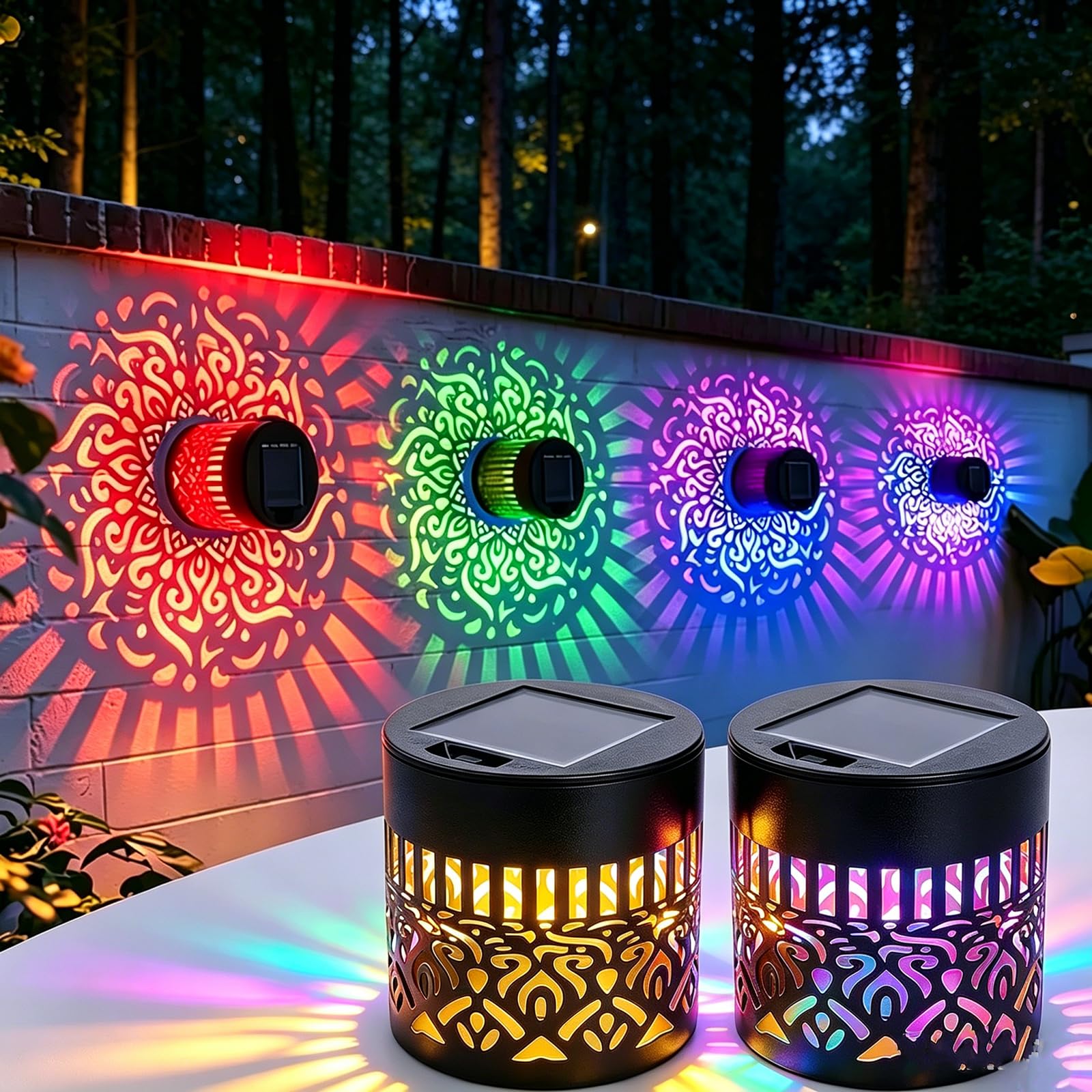Solar Mandala Wall Lights, Mandala Solar Projector Light Outdoor, 7-Colour Changing Waterproof Metal Fence Light, Solar Powered Decorative Garden Lamp for Patio Yard Backyard Post (2, Colored)