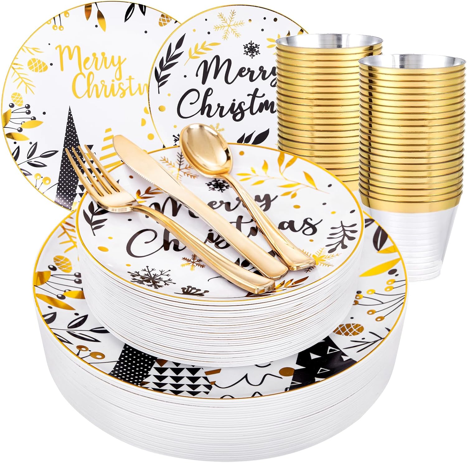 PULOTE 150PCS Christmas Plates Dinnerware Set - Black Gold Christmas Plastic Plates Disposable Include 25 Dinner Plates,25 Dessert Plates,25 Knives,25 Forks,25 Spoons,25 Cups for Christmas black&gold