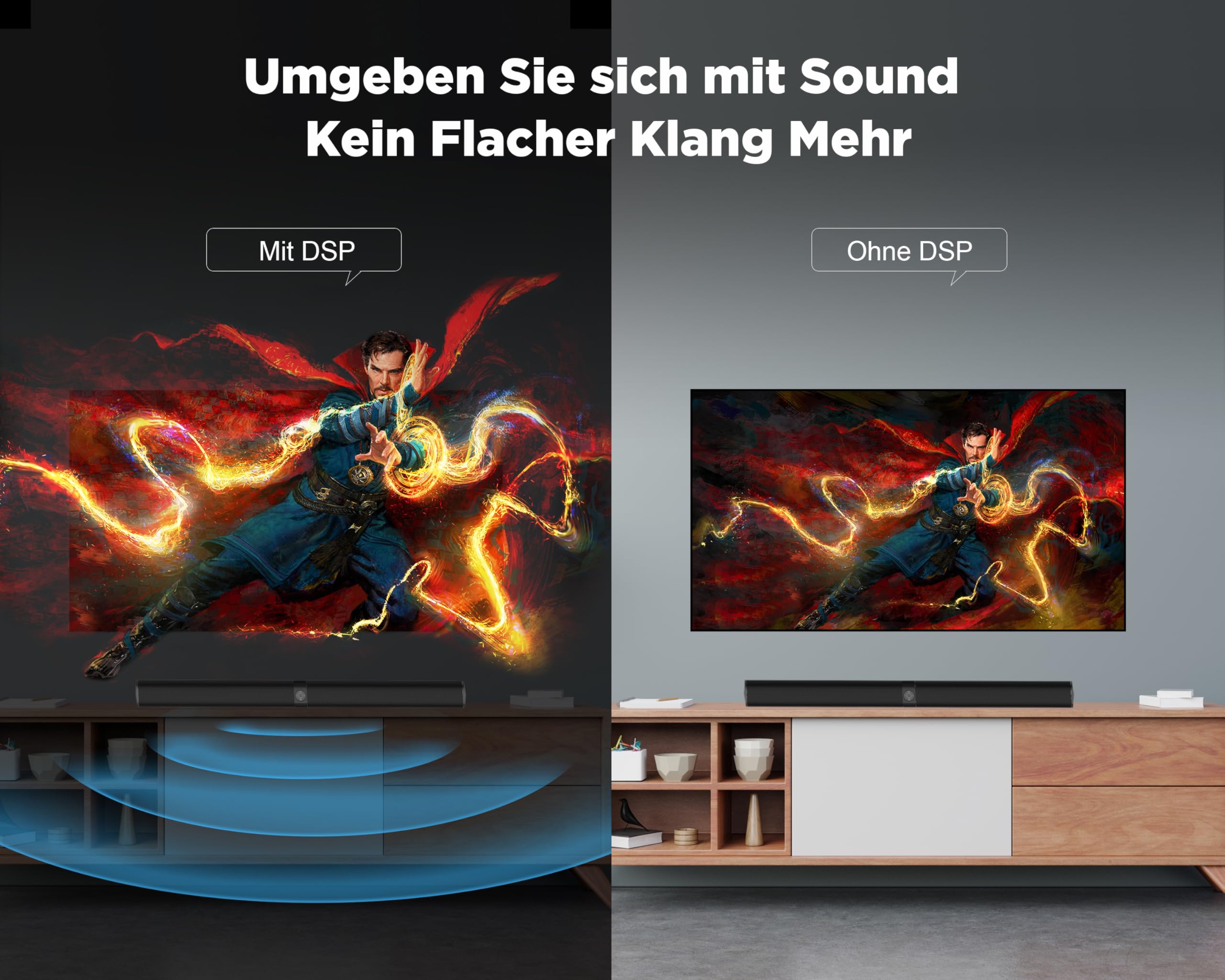 GarageRock Soundbar für TV Geräte, Teilbare 2-in-1 Set of TV Soundbar, Auto-Volume-Boost, 3 Sound Modi, Surround Soundsystem, Bluetooth 5.3, ARC/Opt/Aux, TV Lautsprecher für Fernseher, Monitor, 1pcs