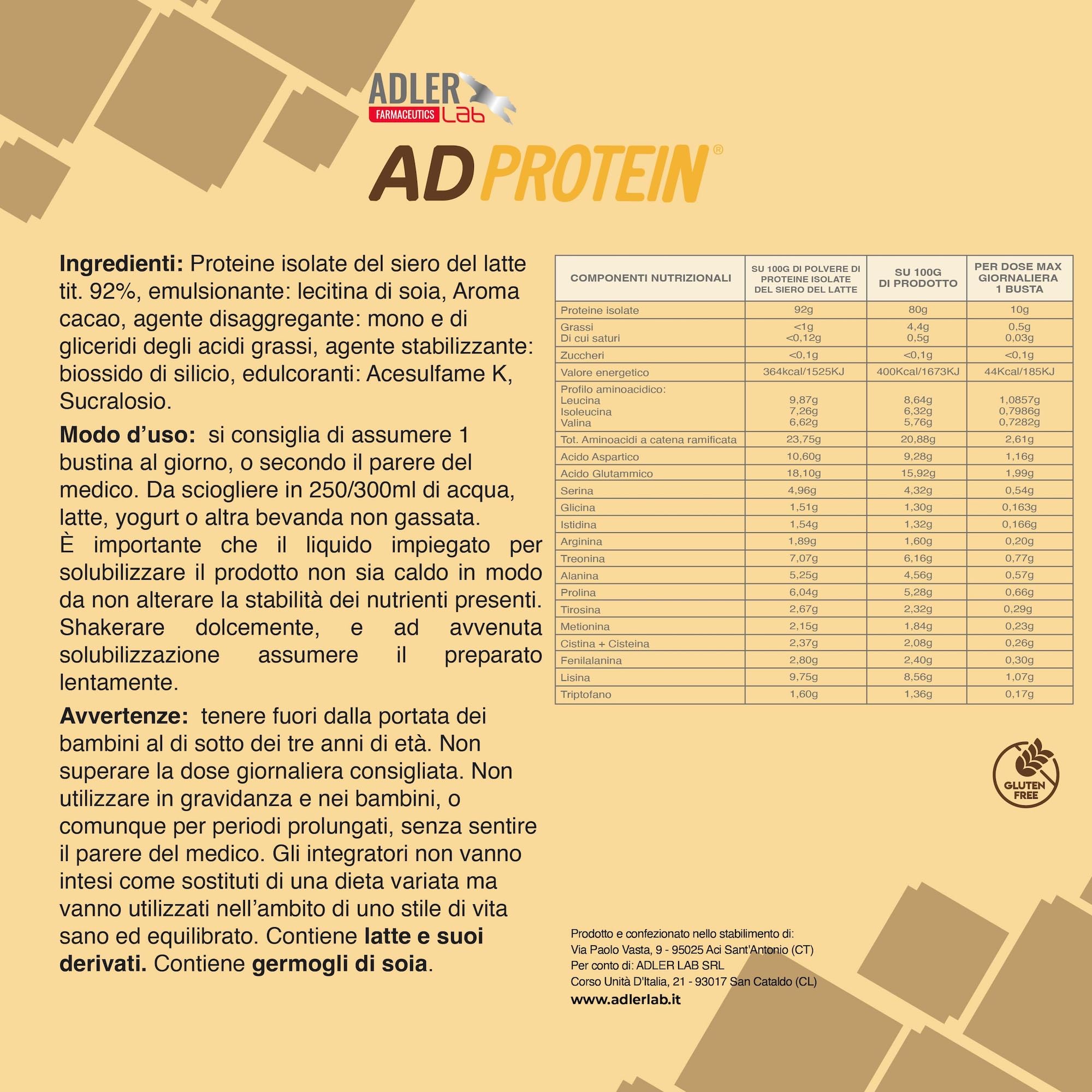 Adler Lab ADPROTEIN Integratore, 30 bustine gusto cioccolato con proteine isolate del siero del latte (92%). Rapido assorbimento, aminoacidi essenziali, basso lattosio (<1%), senza glutine.