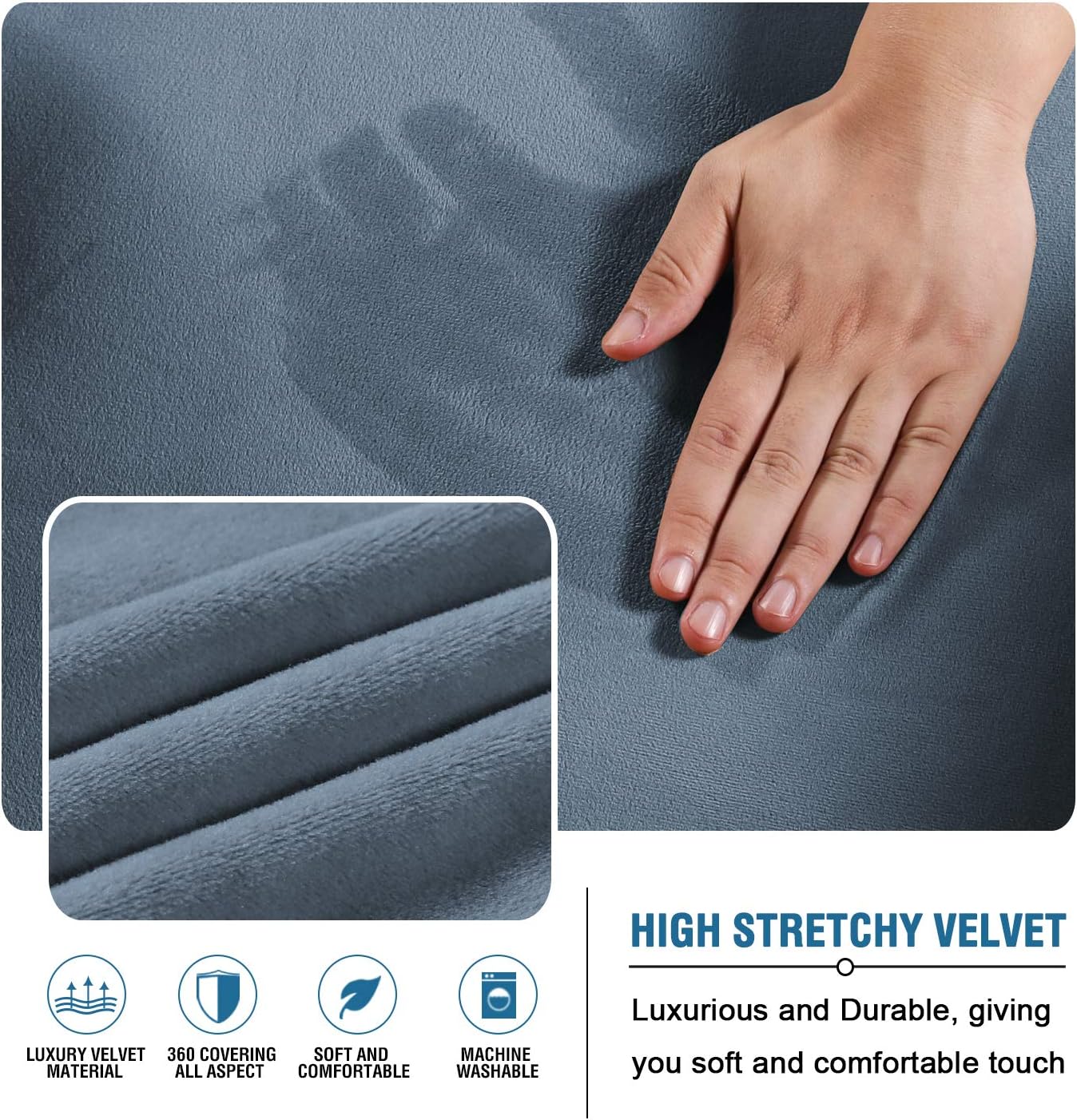 H.VERSAILTEX Thick Velvet Stretch L Shaped Sofa Cover 3-Seat Sofa Sectional Couch Cover 2 Piece Sofa Cover Plus Left Chaise Cover with Non Slip Straps, Soft, Comfy and Bouncy, Stone Blue
