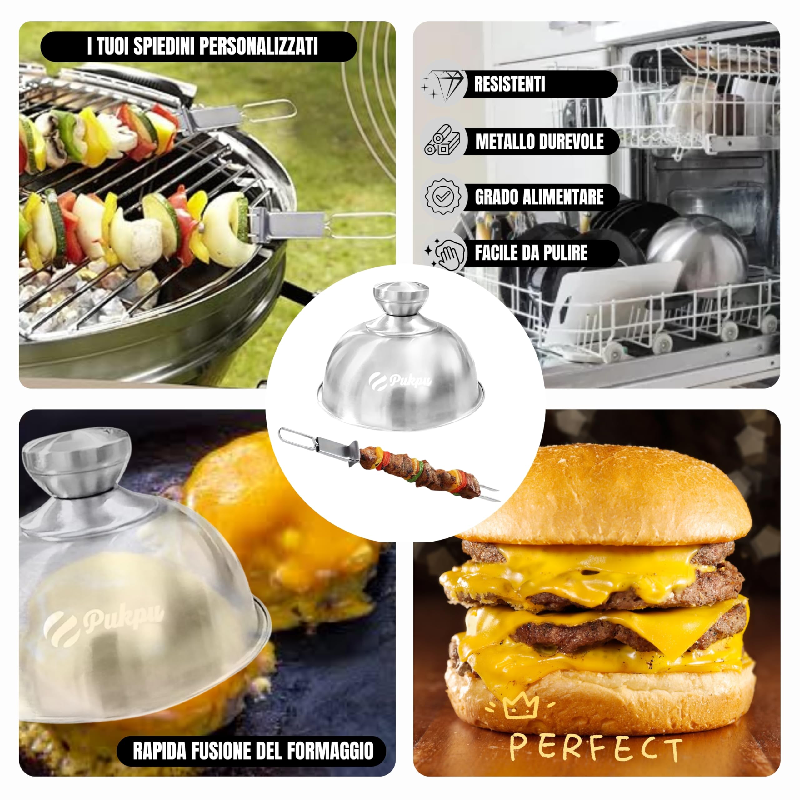 Kit Smash Burger 6 Pezzi Nero – Pressa Hamburger, 2 Spatole Inox, 2 Cloche per Formaggio e Spiedino
