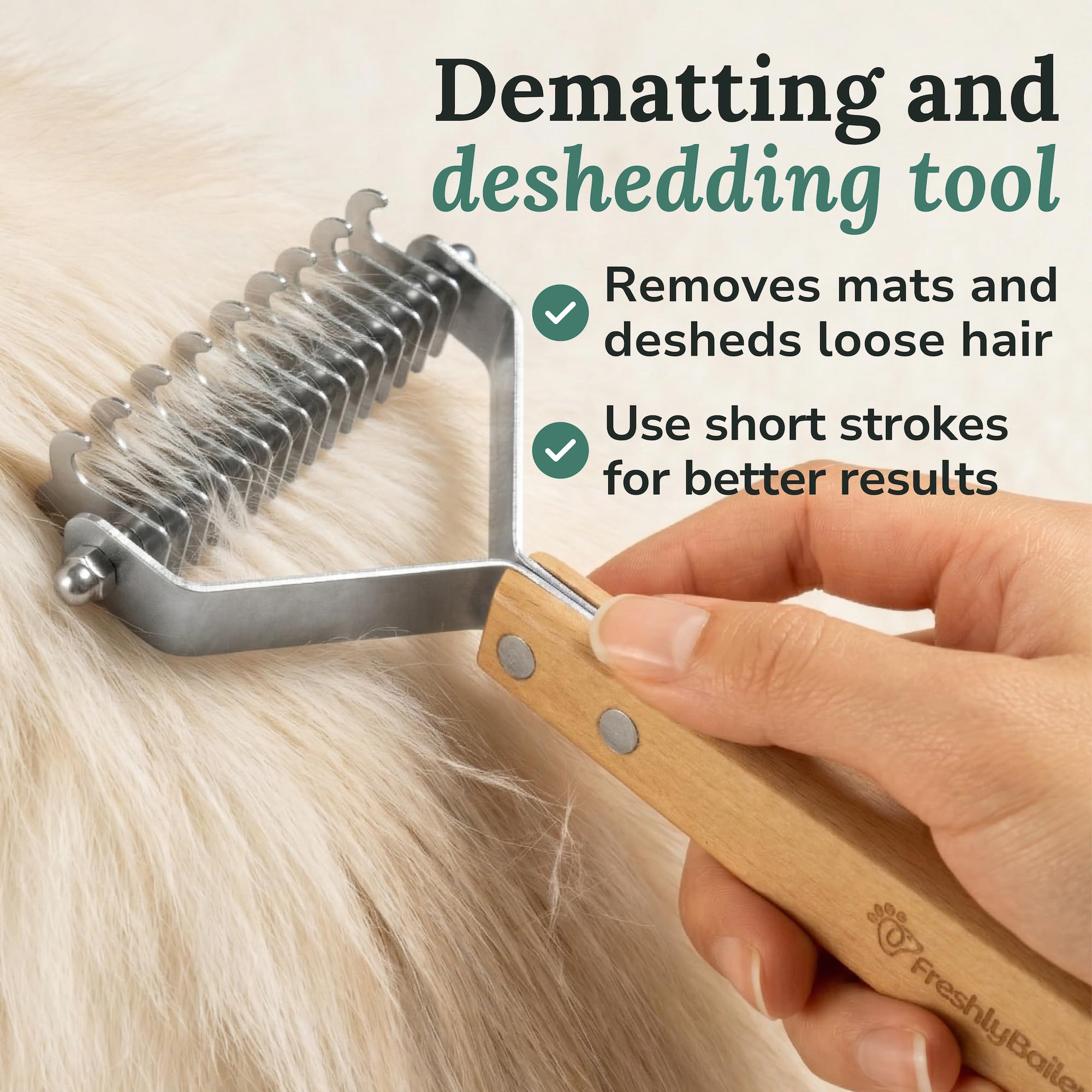 Freshly Bailey Pettine per cani e gatti, strumento di rimozione e rimozione del tappetino, districante sicuro per peli opachi, rastrello per sottopelo a due lati | per cappotti medio-lunghi per allentare i tappetini e rimuovere i peli sciolti del sottopel