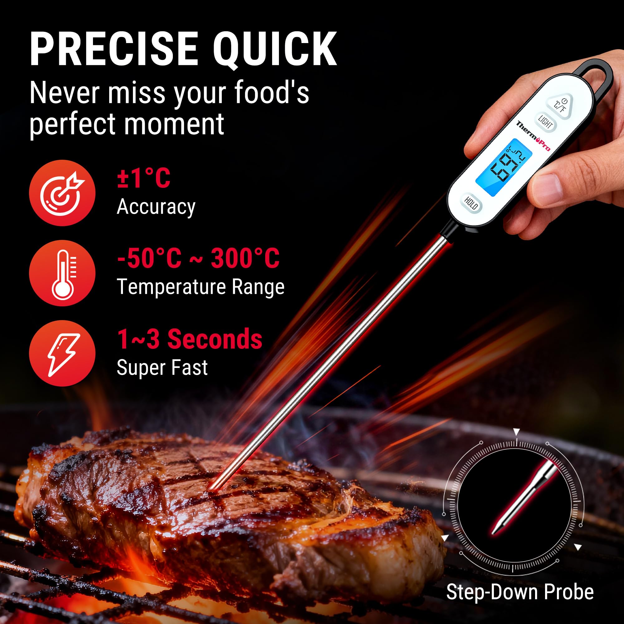 ThermoPro TP515 Termometro cucina carne alimentare IPX7 sonda 14,5 cm retroilluminato blocco