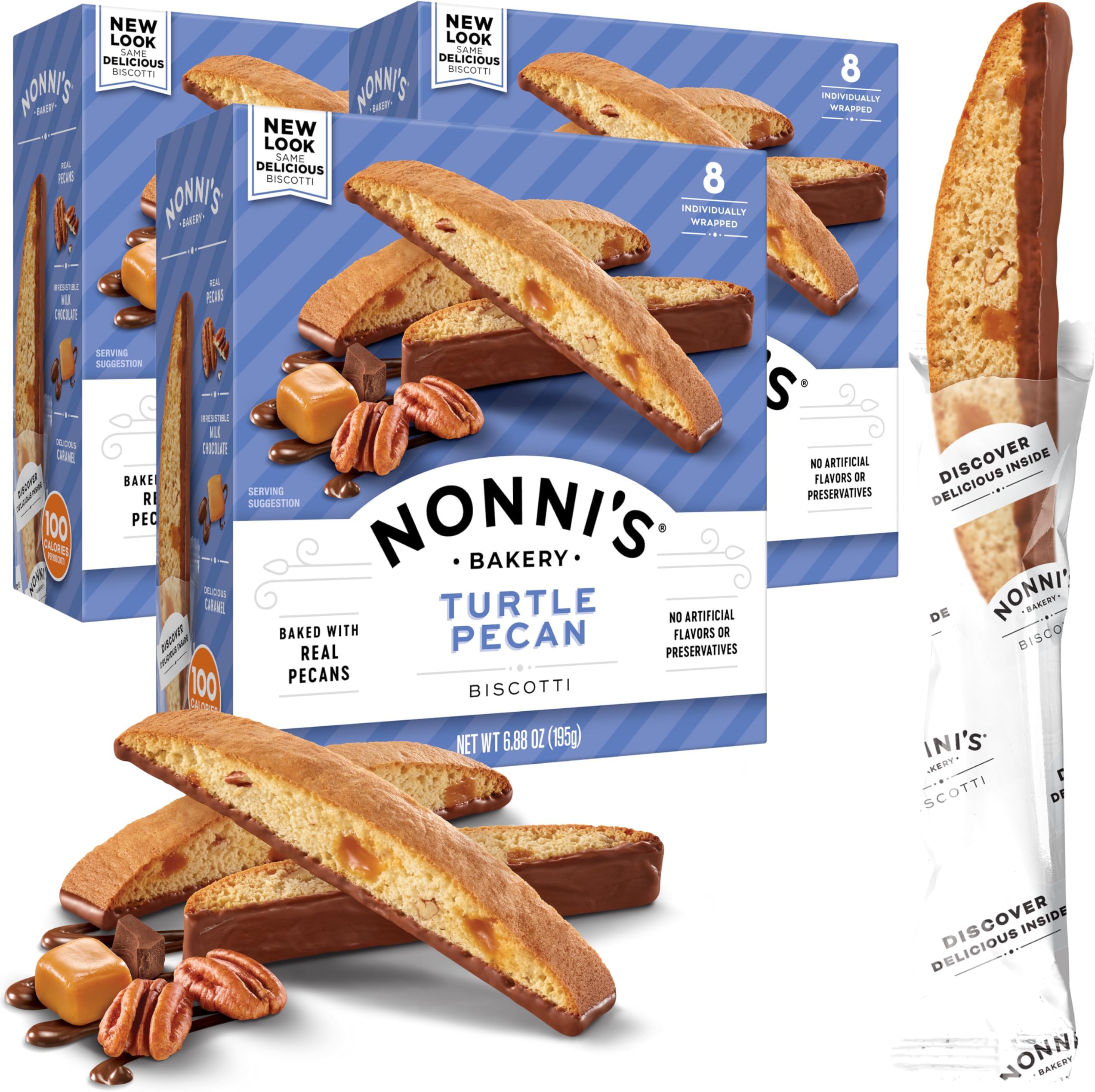 Nonni's Turtle Pecan Biscotti Italian Cookies Caramel Pecan Cookies Dipped in Milk